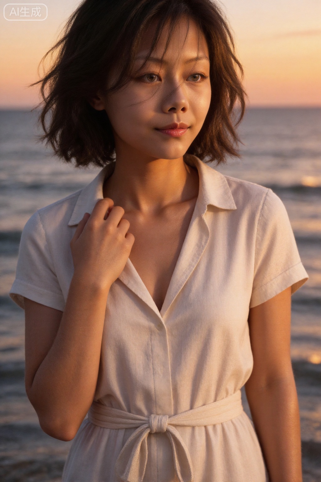 Style and clothing: She wears an off-white loose shirt dress with a half-front design and a belt at the waist. The thin fabric is suitable for the seaside scene. It not only retains the softness of a girl, but also adds a light and mature charm through the slightly open neckline. The fluffy short curly hair style and natural lip makeup weaken the heavy makeup and highlight the original temperament.
Posture and expression: The movement of lightly pressing the neckline with one hand is natural and relaxed, the eyes are slightly distant, the expression is calm and restrained, and there is no trace of deliberate posing. It conveys the tenderness and restrained emotions of late youth, breaking the liveliness of the early "national girl".
Picture texture: Typical Shinoyama Kishin's Showa photo style. The coarse-grained texture of warm-toned film restores the soft light of sunrise/sunset on the seaside. The hazy layers of the beach and sea in the background strengthen the atmosphere. The skin presents a warm film texture under soft light. The colors are mainly light rice and warm orange. The overall atmosphere is relaxed and full of retro charm.
