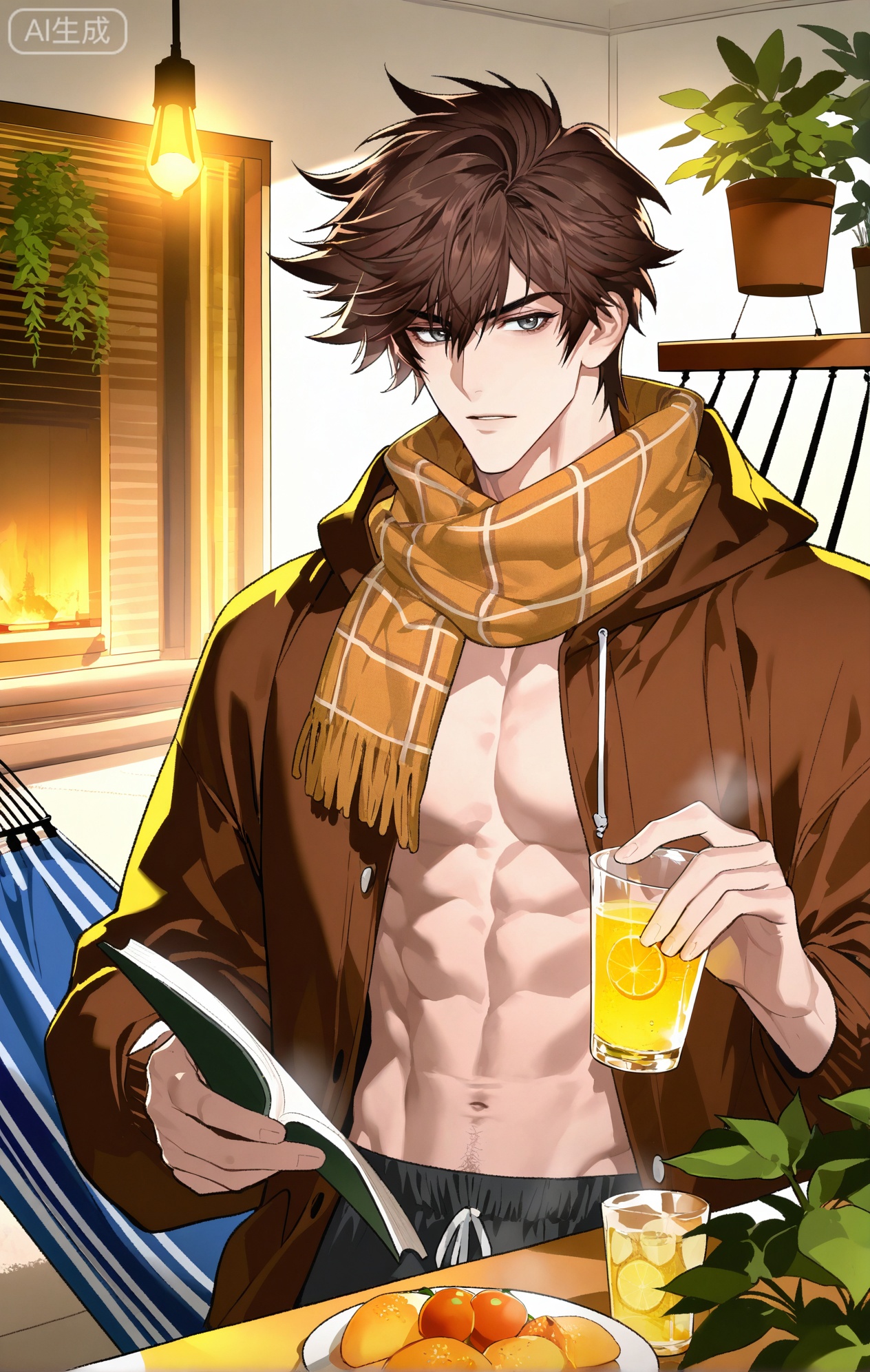 Small note art style,,xiaozhitiao,dianmei (artist:mazjojo:0.53),(artist:pigeon666:0.37),(artist:zawar379:0.57),(artist:remsrar:0.35),(artist:yoneyama mai:0.64),(yokoyari mengo:0.6),1boy,male focus,solo,medium - length wavy hair,hooded pajamas,hood down, a light - brown knitted scarf draped over his shoulders, his toned abs visible as he dozes off in a hammock on a wooden patio. The hammock is strung between two posts, and there's a small side table with a half - read book and a glass of lemonade. Potted ferns line the edges of the patio, and the afternoon sun casts a warm, yellow glow.,Lan\(Glory of the King\),Gray eyes,brown hair