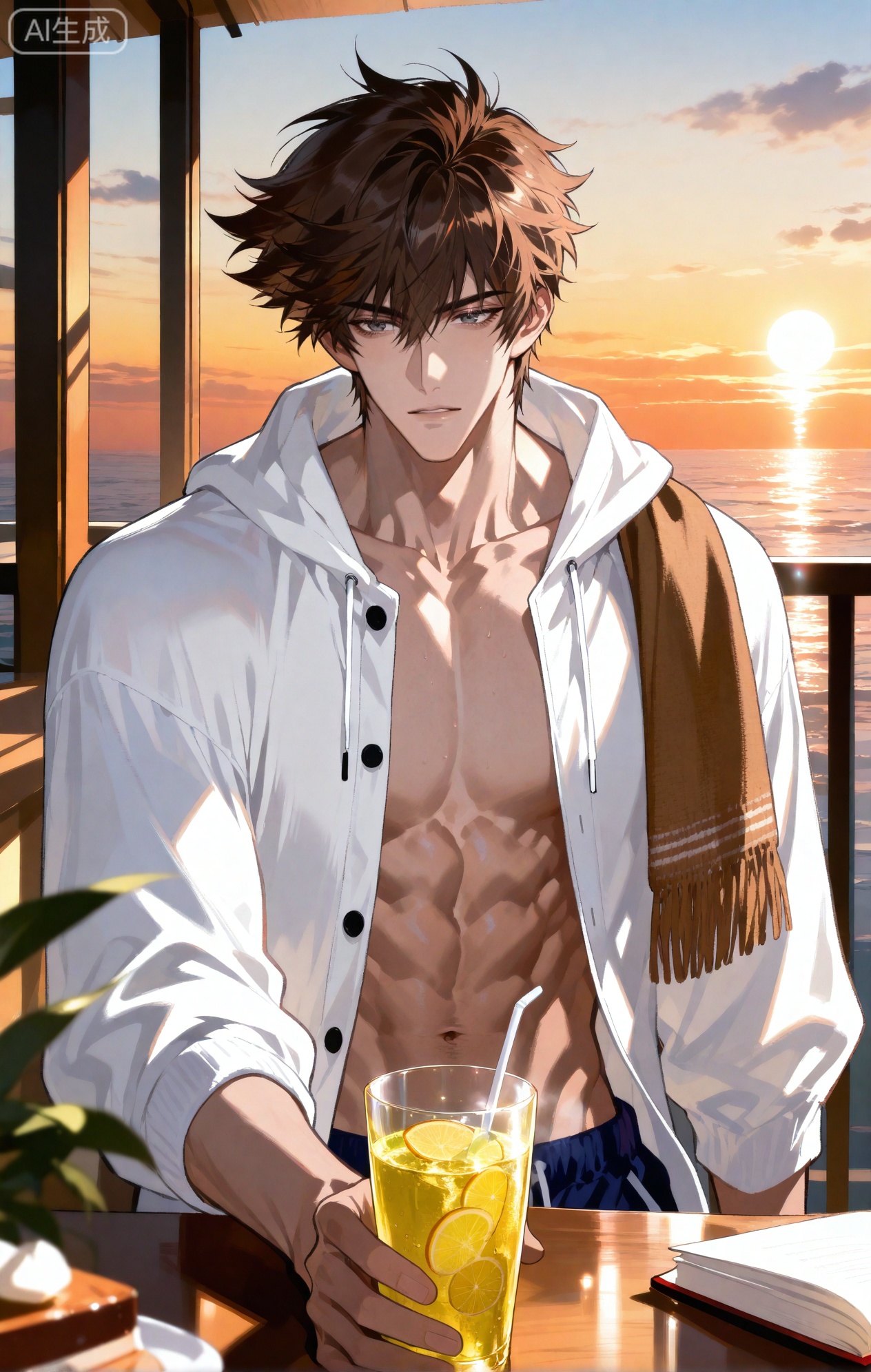 Small note art style,,xiaozhitiao,dianmei (artist:mazjojo:0.53),(artist:pigeon666:0.37),(artist:zawar379:0.57),(artist:remsrar:0.35),(artist:yoneyama mai:0.64),(yokoyari mengo:0.6),1boy,male focus,solo,medium - length wavy hair,hooded pajamas,hood down, a light - brown knitted scarf draped over his shoulders, his toned abs visible as he dozes off in a hammock on a wooden patio. The hammock is strung between two posts, and there's a small side table with a half - read book and a glass of lemonade. Potted ferns line the edges of the patio, and the afternoon sun casts a warm, yellow glow.,Lan\(Glory of the King\),Gray eyes,brown hair