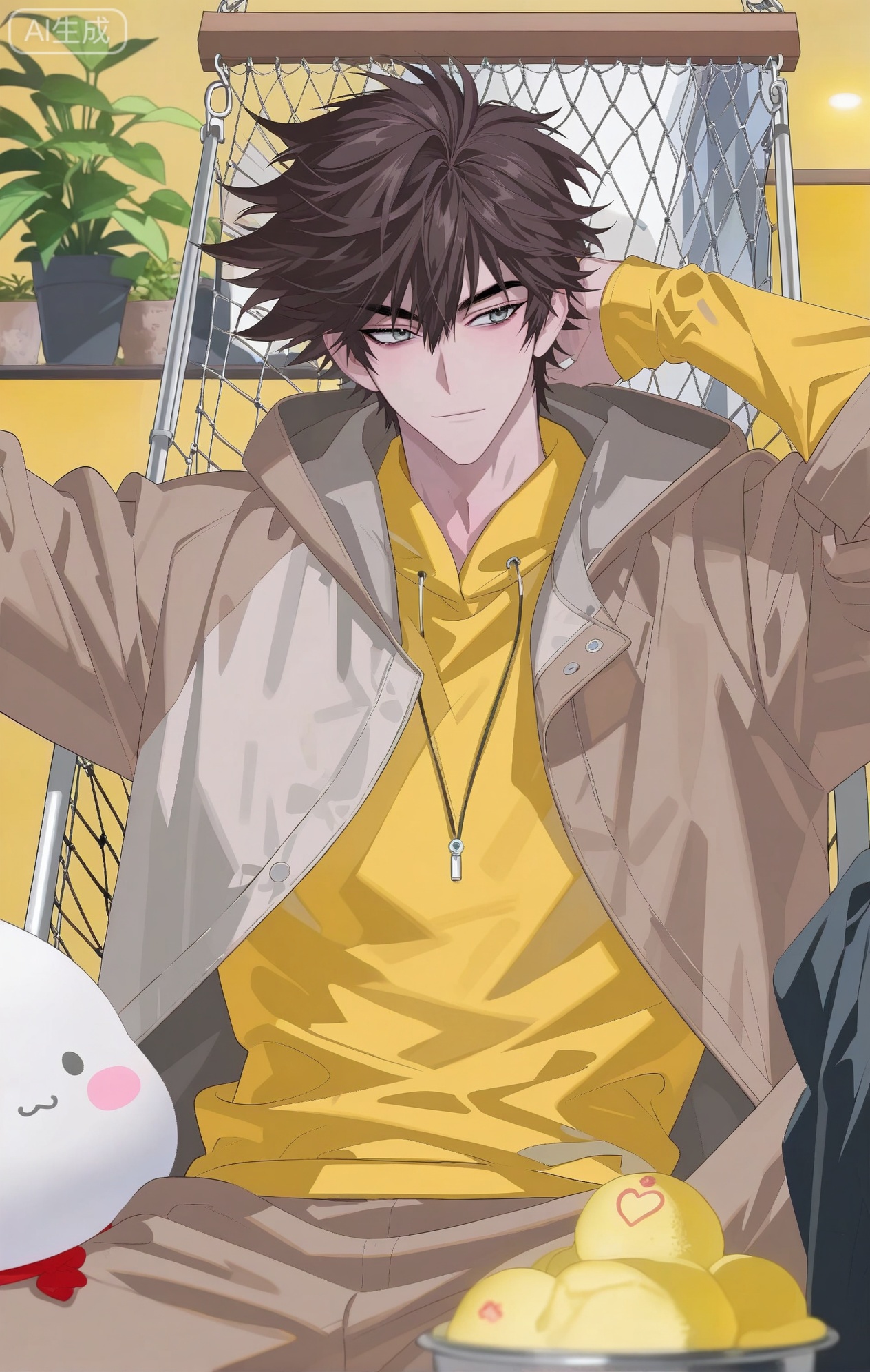 Small note art style,,xiaozhitiao,dianmei (artist:mazjojo:0.53),(artist:pigeon666:0.37),(artist:zawar379:0.57),(artist:remsrar:0.35),(artist:yoneyama mai:0.64),(yokoyari mengo:0.6),1boy,male focus,solo,medium - length wavy hair,hooded pajamas,hood down, a light - brown knitted scarf draped over his shoulders, his toned abs visible as he dozes off in a hammock on a wooden patio. The hammock is strung between two posts, and there's a small side table with a half - read book and a glass of lemonade. Potted ferns line the edges of the patio, and the afternoon sun casts a warm, yellow glow.,Lan\(Glory of the King\),Gray eyes,brown hair,InplickStyleTest