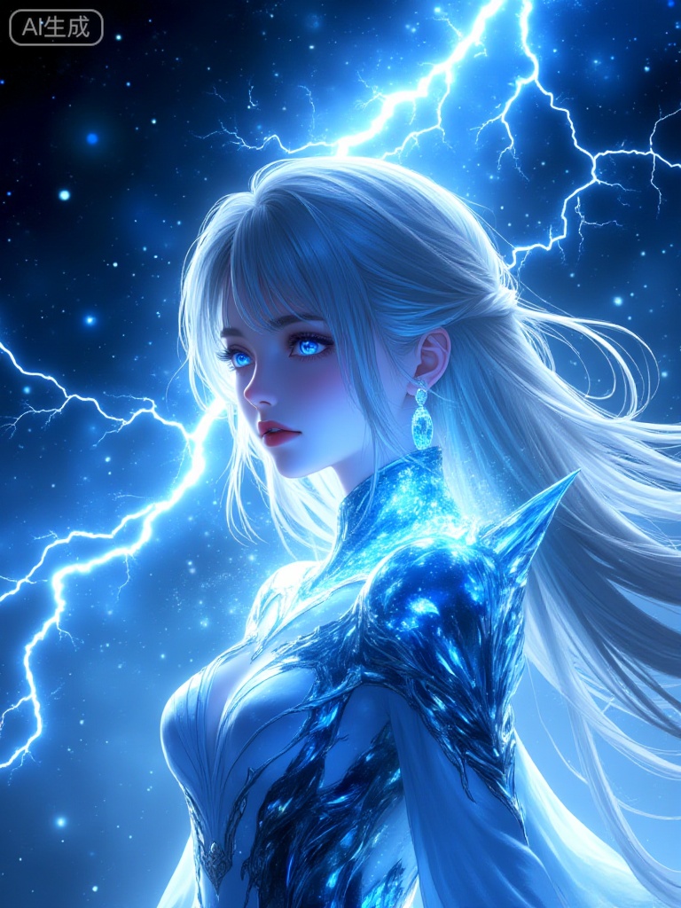 WJ_xingguang, in the deep and boundless cosmic night background, an extraordinary girl with elegant silver hair stands still at the core of light-her eyes are as blue and clear as stars, reflecting hundreds of millions of flowing energy orbits; The white hair hanging from the forehead is torn by invisible force into a sharp arc, flying like an ice crystal waterfall in the violent and sacred blue lightning. Her body is semi-transparent wrapped in fluid crystal armor, with sharp edges and corners but extremely soft, and each grain reflects dazzling glow and subtle energy pulse. Arms stretched forward, palms condensed a bunch of blazing lightning blades across the picture, and its light cut through the void, stirring up ripples of energy, as if the purest power between heaven and earth was rushing out from her fingertips. The soft and cool main light pours from above, which outlines her chiseled but ethereal skin texture, and makes every strand of hair and every current transition sparkle like a diamond at the junction of light and shadow in generate. The whole picture presents the aesthetics of "Cyberfantasy Illustration" which is close to the mythical epic level: it combines the dynamic tension of "The Devil May Cry", the exquisite details of Genshin Impact's character design and the metallic luster texture of the sci-fi creature of "StarCraft II", and at the same time, it has the dreamy blooming effect of watercolor rendering and the high-precision brushwork level of digital oil painting. The atmosphere is the surging passion in the extreme solemnity-not fighting, but awakening! This is not a static portrait, it is the first thunder echo released when the soul breaks free from the shackles, and the audience can clearly feel the oppressive beauty and breathtaking life rhythm from the depths of divinity.