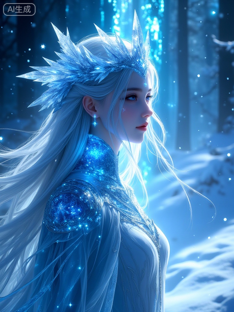 WJ_xingguang, in a quiet and mysterious extreme cold, a woman like an ice crystal goddess stands between the boundless snow and fog and the flowing starlight-she has almost transparent silver-white long hair, which is solidified like liquid moonlight, dancing wildly in the wind, and each strand is shining with tiny cold blue light and winding into a spiral crown; A crystal pendant inlaid with deep-sea sapphire hangs from the forehead, quivering with breathing, emitting a quiet but powerful spiritual brilliance; Its eyes are clear and bright sky blue, there seems to be stars flowing in the depths of the pupils, and its eyes are gentle and inviolable, as if it can freeze time itself.

Her skin is as white as snow, so delicate and smooth that it almost reflects the light and shadow of the surrounding environment. She wears a series of complicated collars carved and interwoven by ice ridges around her neck, and the edges are covered with luminous crystal particles, and rune lines are faintly visible in the shadows. Wearing a translucent obsidian cloak on the shoulder, the surface is covered with tiny cracks like ancient armor that has been frozen and eroded by years, and the lining is made of high-gloss metal scales, with subtle wavy reflections. A suspended and rotating energy core is embedded in the center of the chest, and the whole body is surrounded by pale blue energy ripples.

The whole picture is shrouded in a beam of "sacred light" pouring down from the top left: the light source is not a hot day but the source of magic in a cold night, showing a multi-level gradient effect-the outer layer is a bone-chilling pure cobalt blue to indigo transition zone, the middle is a soft and dispersed milky white fluid-sensitive halo-dyed zone, and the bottom sinks into a deep-sky dark-colored zone with sporadic floating snowflake particles falling slowly. This kind of lighting creates a strong dramatic tension, and at the same time gives the character a three-dimensional chiseled and layered contrast between light and shade: the light-receiving surface of the face is bright and transparent, the lines of the nose and clavicle are sharp and prominent, and a strong projection is formed at the turning point of the clothes pleats, which strengthens the real touch of the material.

The background is an illusory and hazy scene of ice and snow forest or ancient glacier ruins. The branches twist and hover like dragons' claws stretching to the sky. The treetops are covered with heavy snow but there are no traces of melting. The mountains in the distance are hidden in the whirlpool of clouds and gas. A few residual kindling faintly flashes red awns as the only warm color embellishment, which constitutes a clear confrontation but harmonious and unified relationship with the main visual tone. The air is filled with gauze-like mist and splashing water droplets, and countless miniature ice crystals hover in the air to refract light, just like the fairy dance in the dust of the universe.

The whole composition focuses on the right position of the character's center in the golden section ratio, and the angle of view looks up slightly to enhance the sacred and solemn atmosphere. The color saturation is too low, but it still maintains high recognition (especially emphasizing the blue system and the black, white and gray system), rendering an ultimate fantasy aesthetic style that is extraordinary, aloof and awe-inspiring, but gentle and feminine. This scene is beyond the reach of the world, and it is actually an independent work of the creator who is condensed by the aura of heaven and earth-it is breathtaking and awe-inspiring.