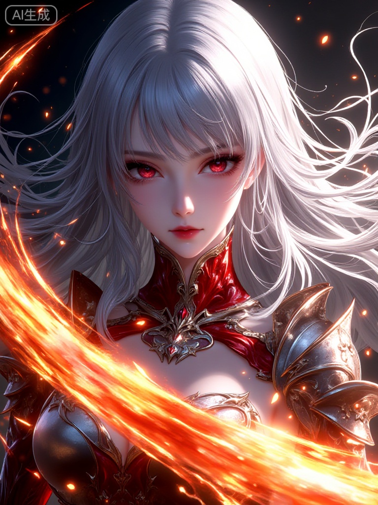 WJ_xingguang, Dark battle anime illustration, close-up shot, a cold and fierce girl with silver-white long hair flying like sharp blades, shimmering with tiny sparks; wearing a silver-red armor-style dress, with armor edges like broken ice crystals inlaid with blood-colored patterns; her eyes are deep wine red, with a cold and sharp expression, and her skin has a cold luster under dark lighting; a flowing orange-gold energy beam runs through the left side of the frame, surging and splashing like lava, surrounded by transparent ice crystal fragments and sparks; the background is a deep dark domain, with an overall color palette dominated by black, silver, and orange-gold, creating an intense and sharp battle atmosphere; details are extremely gorgeous, hair layers are rich, and the flow of the energy beam and the metal texture of the armor are distinct.