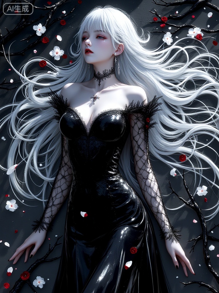 WJ_xingguang, Dark healing illustration, medium shot, a cold and beautiful girl lying supine in the void, with silver-white long hair spread like water, intertwined with dead black branches; wearing a black tight dress with cracked glass texture, adorned with clusters of white flowers, with transparent and radiant skin that has a cool pearlescent luster; crystal tears hang from the corners of her eyes, and petals and blood-red dots slowly fall around her; the background is a deep dark gray base, with an overall color palette dominated by black, white, and silver gray, creating a fragile and lonely broken atmosphere; details are extremely delicate, hair layers are rich, and the crack texture of the dress and the light and shadow changes of the petals are natural and soft.