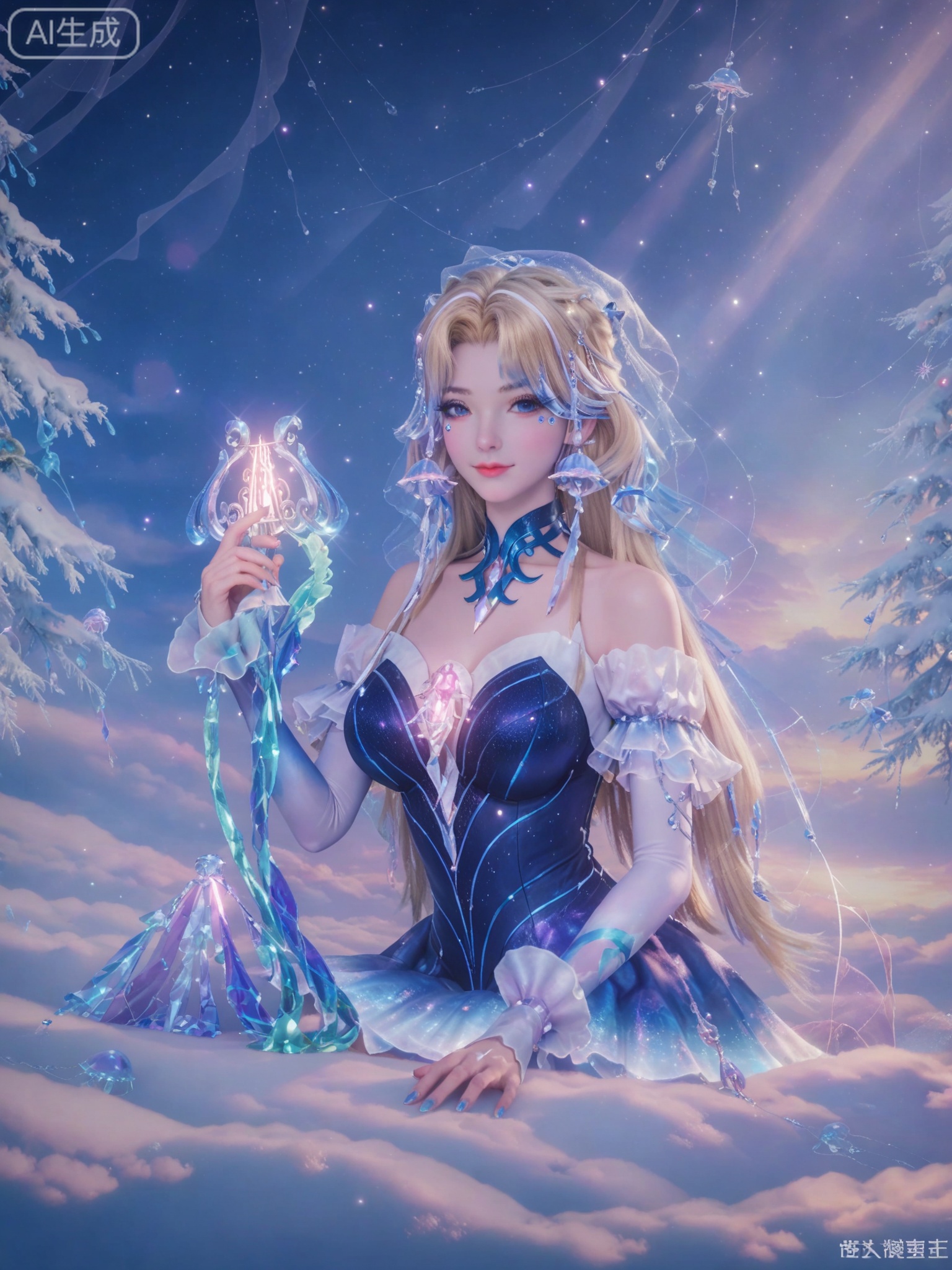 score_9,score_8_up,score_7_up,masterpiece,(best quality),(intricate details:0.9) BREAK (intricate details:0.9),(realistic skin:1.2),masterpiece,best quality,newest,absurdres,hiahres,1girl,jewelry,hair ornament,dress,necklace,lips,eyeshadow,bracelet,tassel,(8k ultra-clear, pony style),photo pose 0.6, micro-expression: soft smile 0.3, half-body + medium shot 0.7,1girl,looking_at_viewer,1boy,hair,realistic,photorealistic,Vivid Colors,bright environment,shiny skin,shiny hairjewelry,detail eyes,Eyes highlights,glowing,sunshine,bright,reflection,bright,sunshine on face,shiny,shinny,petite,thin,leg slimming,lose weight,slim hips,lakeside,delicate water,reflection,(full body:0.5)sitting_down,eyelashes,snow,Winter,Snowy landscape,Snow accumulation,Christmas tree,(huge breasts:1),jellyfish,