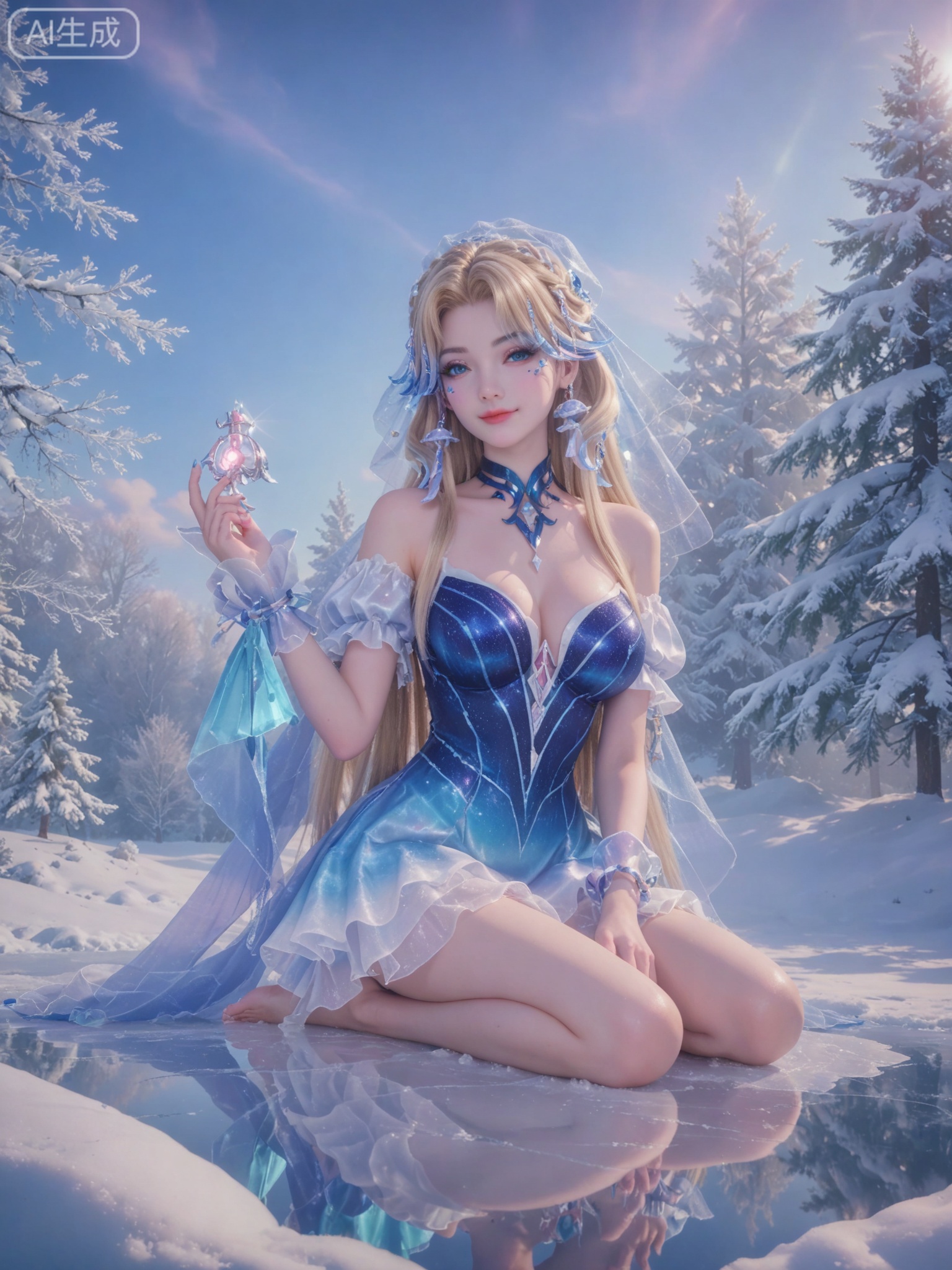 score_9,score_8_up,score_7_up,masterpiece,(best quality),(intricate details:0.9) BREAK (intricate details:0.9),(realistic skin:1.2),masterpiece,best quality,newest,absurdres,hiahres,1girl,jewelry,hair ornament,dress,necklace,lips,eyeshadow,bracelet,tassel,(8k ultra-clear, pony style),photo pose 0.6, micro-expression: soft smile 0.3, half-body + medium shot 0.7,1girl,looking_at_viewer,1boy,hair,realistic,photorealistic,Vivid Colors,bright environment,shiny skin,shiny hairjewelry,detail eyes,Eyes highlights,glowing,sunshine,bright,reflection,bright,sunshine on face,shiny,shinny,petite,thin,leg slimming,lose weight,slim hips,lakeside,delicate water,reflection,(full body:1.3)sitting_down,eyelashes,snow,Winter,Snowy landscape,Snow accumulation,Christmas tree,(huge breasts:1),