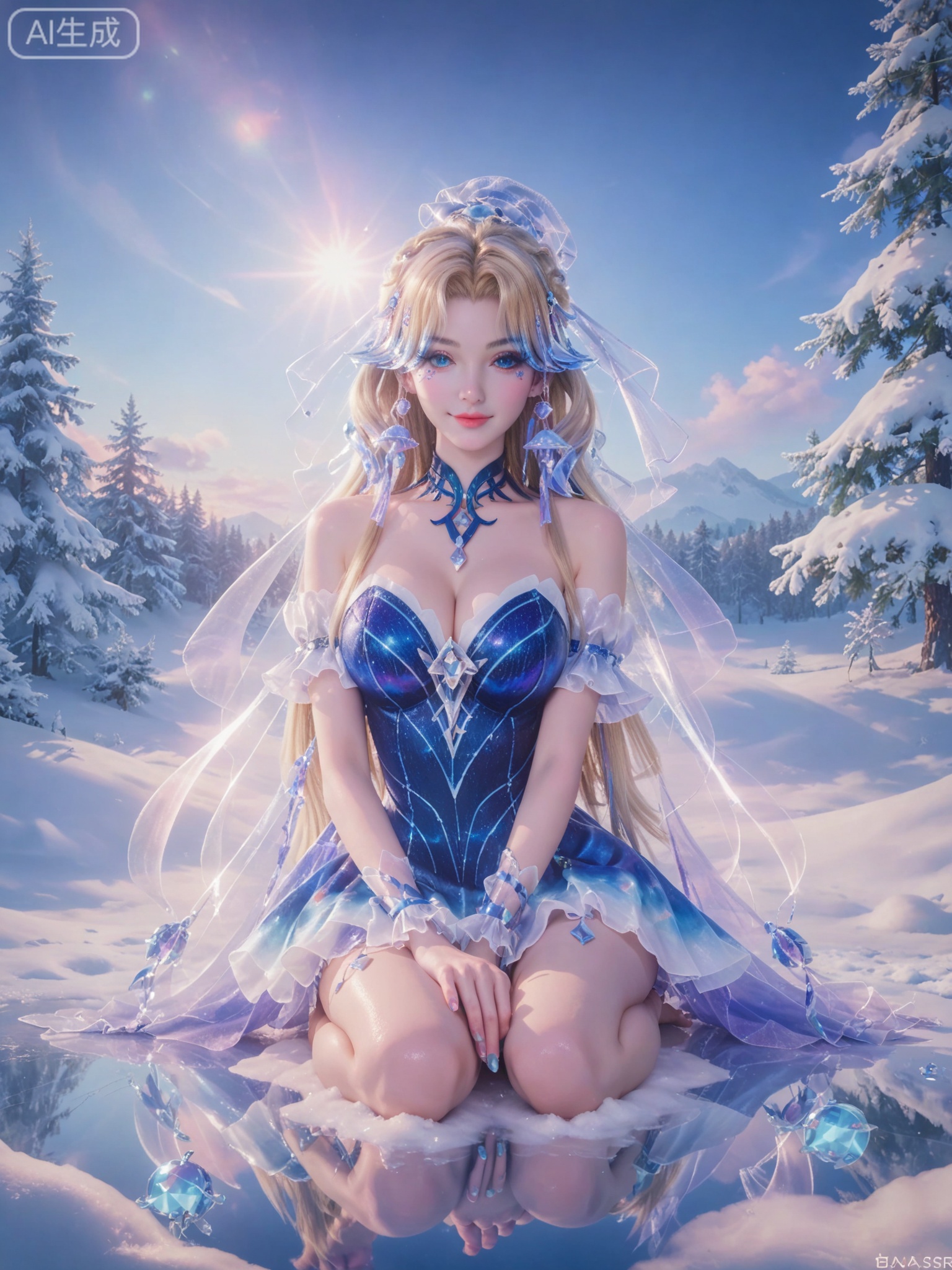 score_9,score_8_up,score_7_up,masterpiece,(best quality),(intricate details:0.9) BREAK (intricate details:0.9),(realistic skin:1.2),masterpiece,best quality,newest,absurdres,hiahres,1girl,jewelry,hair ornament,dress,necklace,lips,eyeshadow,bracelet,tassel,(8k ultra-clear, pony style),photo pose 0.6, micro-expression: soft smile 0.3, half-body + medium shot 0.7,1girl,looking_at_viewer,1boy,hair,realistic,photorealistic,Vivid Colors,bright environment,shiny skin,shiny hairjewelry,detail eyes,Eyes highlights,glowing,sunshine,bright,reflection,bright,sunshine on face,shiny,shinny,petite,thin,leg slimming,lose weight,slim hips,lakeside,delicate water,reflection,(full body:1.3)sitting_down,eyelashes,snow,Winter,Snowy landscape,Snow accumulation,Christmas tree,(huge breasts:1),