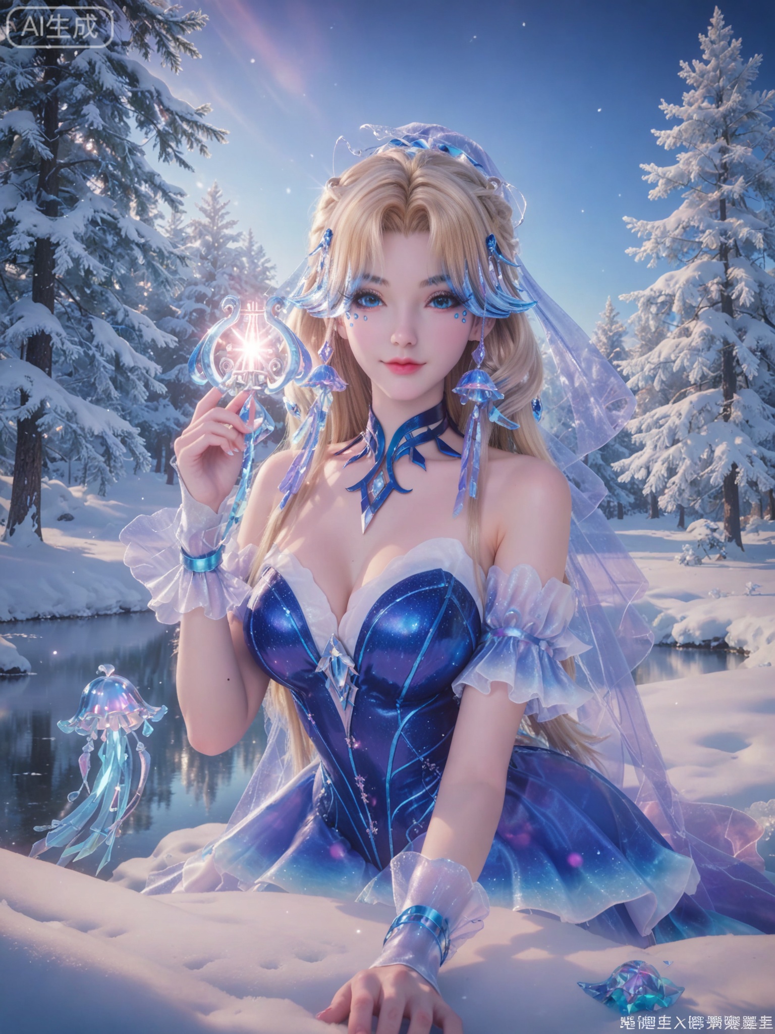 score_9,score_8_up,score_7_up,masterpiece,(best quality),(intricate details:0.9) BREAK (intricate details:0.9),(realistic skin:1.2),masterpiece,best quality,newest,absurdres,hiahres,1girl,jewelry,hair ornament,dress,necklace,lips,eyeshadow,bracelet,tassel,(8k ultra-clear, pony style),photo pose 0.6, micro-expression: soft smile 0.3, half-body + medium shot 0.7,1girl,looking_at_viewer,1boy,hair,realistic,photorealistic,Vivid Colors,bright environment,shiny skin,shiny hairjewelry,detail eyes,Eyes highlights,glowing,sunshine,bright,reflection,bright,sunshine on face,shiny,shinny,petite,thin,leg slimming,lose weight,slim hips,lakeside,delicate water,reflection,(full body:0.5)sitting_down,eyelashes,snow,Winter,Snowy landscape,Snow accumulation,Christmas tree,(huge breasts:1),jellyfish,