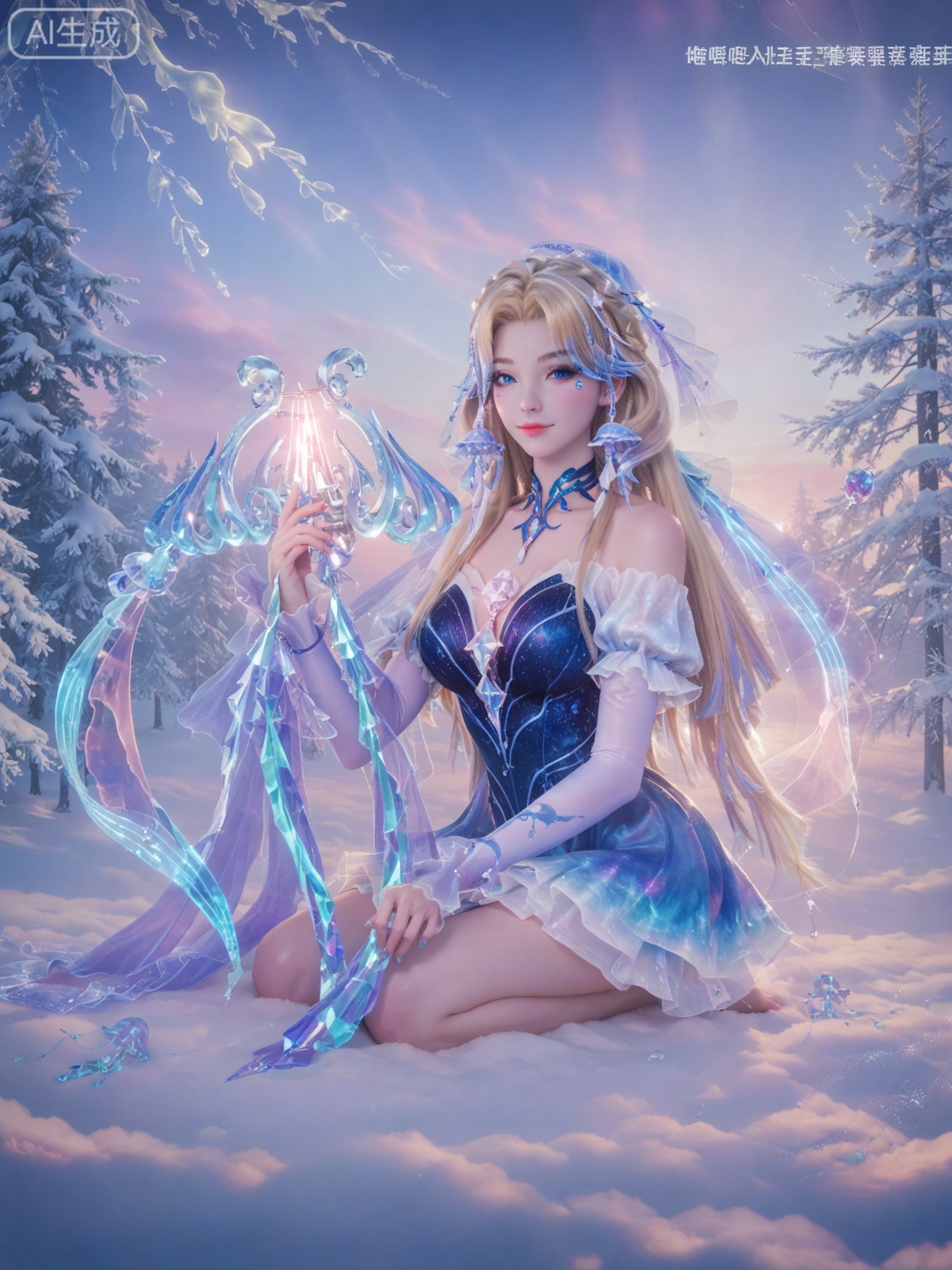 score_9,score_8_up,score_7_up,masterpiece,(best quality),(intricate details:0.9) BREAK (intricate details:0.9),(realistic skin:1.2),masterpiece,best quality,newest,absurdres,hiahres,1girl,jewelry,hair ornament,dress,necklace,lips,eyeshadow,bracelet,tassel,(8k ultra-clear, pony style),photo pose 0.6, micro-expression: soft smile 0.3, half-body + medium shot 0.7,1girl,looking_at_viewer,1boy,hair,realistic,photorealistic,Vivid Colors,bright environment,shiny skin,shiny hairjewelry,detail eyes,Eyes highlights,glowing,sunshine,bright,reflection,bright,sunshine on face,shiny,shinny,petite,thin,leg slimming,lose weight,slim hips,lakeside,delicate water,reflection,(full body:0.5)sitting_down,eyelashes,snow,Winter,Snowy landscape,Snow accumulation,Christmas tree,(huge breasts:1),jellyfish,