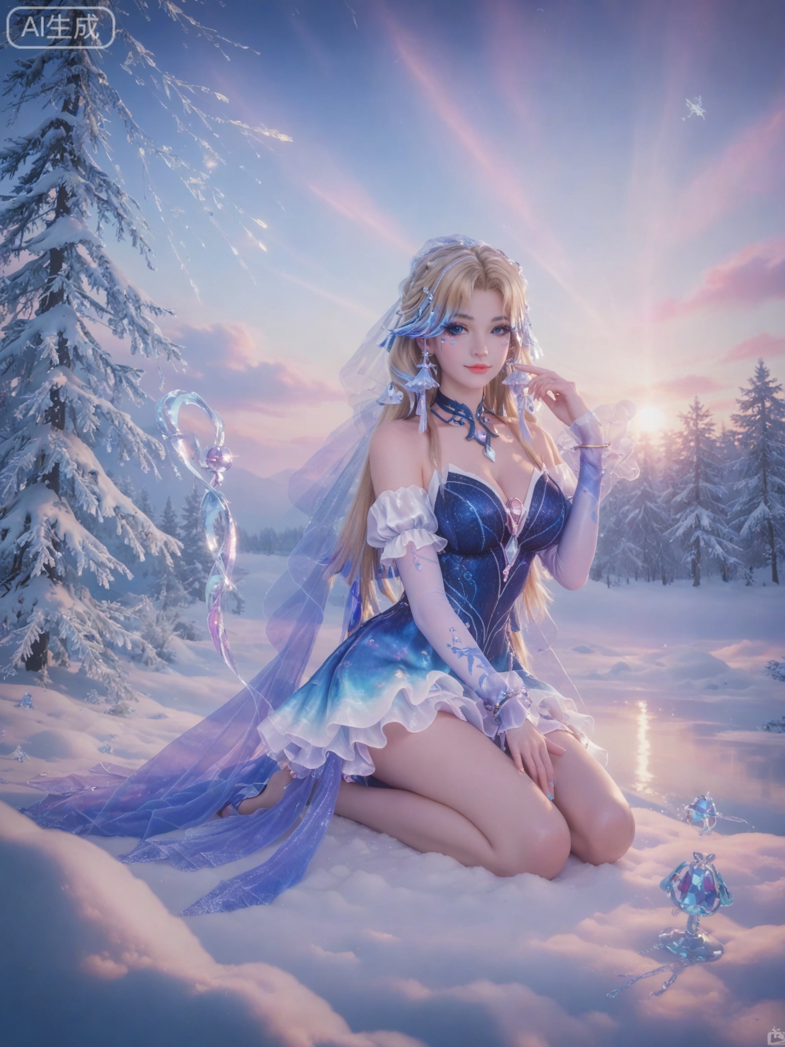 score_9,score_8_up,score_7_up,masterpiece,(best quality),(intricate details:0.9) BREAK (intricate details:0.9),(realistic skin:1.2),masterpiece,best quality,newest,absurdres,hiahres,1girl,jewelry,hair ornament,dress,necklace,lips,eyeshadow,bracelet,tassel,(8k ultra-clear, pony style),photo pose 0.6, micro-expression: soft smile 0.3, half-body + medium shot 0.7,1girl,looking_at_viewer,1boy,hair,realistic,photorealistic,Vivid Colors,bright environment,shiny skin,shiny hairjewelry,detail eyes,Eyes highlights,glowing,sunshine,bright,reflection,bright,sunshine on face,shiny,shinny,petite,thin,leg slimming,lose weight,slim hips,lakeside,delicate water,reflection,(full body:1.3)sitting_down,eyelashes,snow,Winter,Snowy landscape,Snow accumulation,Christmas tree,(huge breasts:1),