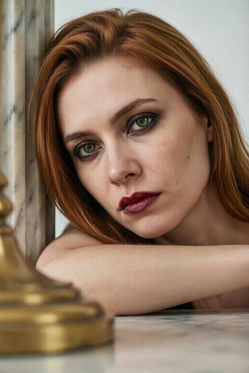 Extrem Close-Up,  High-key studio photography,  photorealistic portrait of a woman casually leaning with her shoulder and...