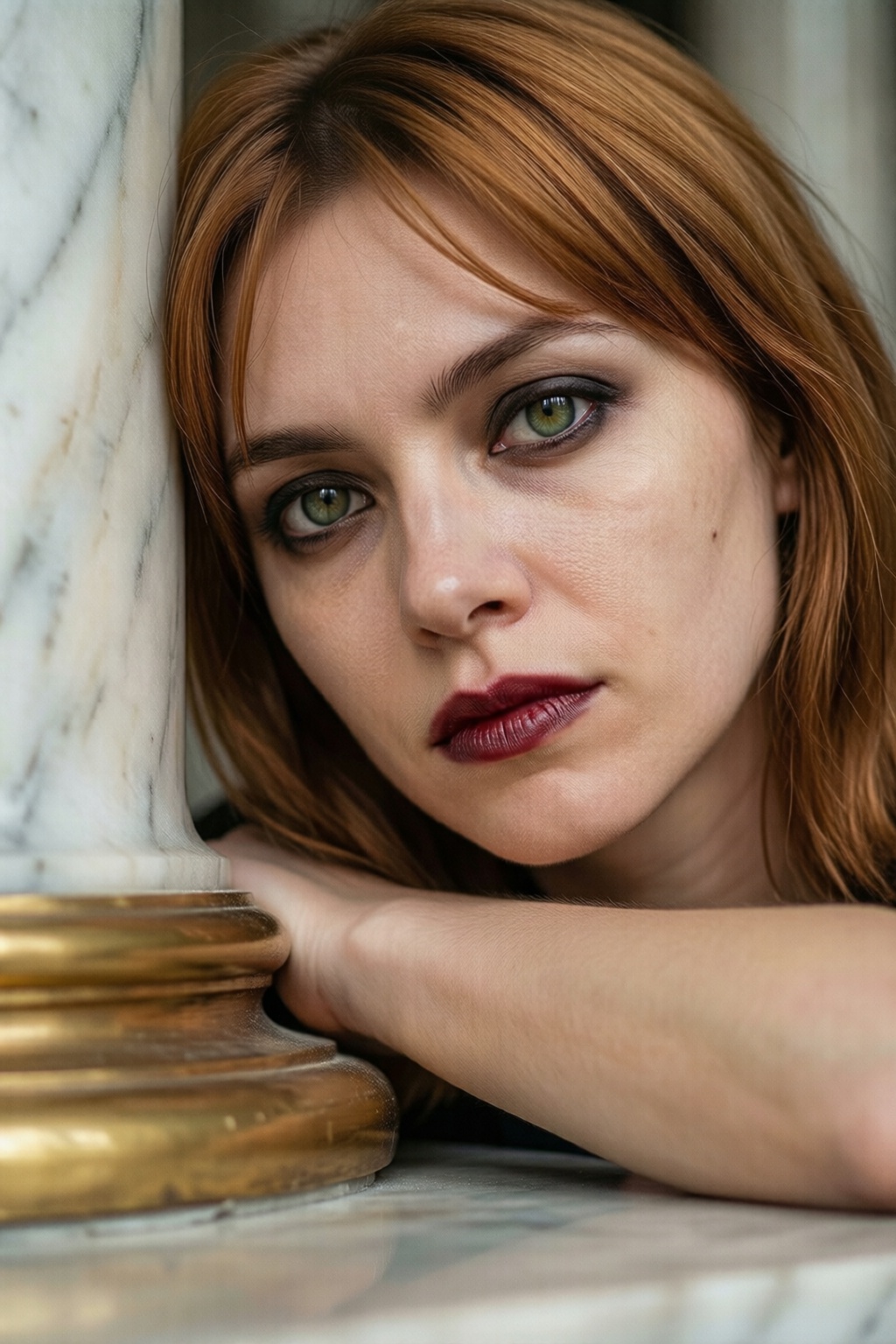 Extrem Close-Up,  High-key studio photography,  photorealistic portrait of a woman casually leaning with her shoulder and...