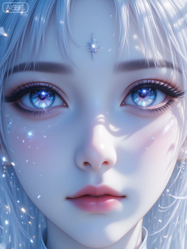 WJ_yanjing, Broken dreamy illustration, close-up twin mirror composition, half of a cold young man's face overlapping with a mirrored reflection, with light ice blue hair that shimmers with iridescent luster; eyes like deep starry skies, dotted with tiny stars and iridescent spots, with long, distinct eyelashes that have black pointed tips; the image is covered with a layer of cracked transparent glass, with cracks refracting colorful iridescent light and crystal-like fragments scattered at the edges; the overall color palette is dominated by ice blue, silver white, and dreamy iridescence, creating a fragile and blurred broken atmosphere; details are extremely delicate, skin is transparent and radiant, the light and shadow layers of the glass cracks are rich, and the mirror effect is naturally integrated.