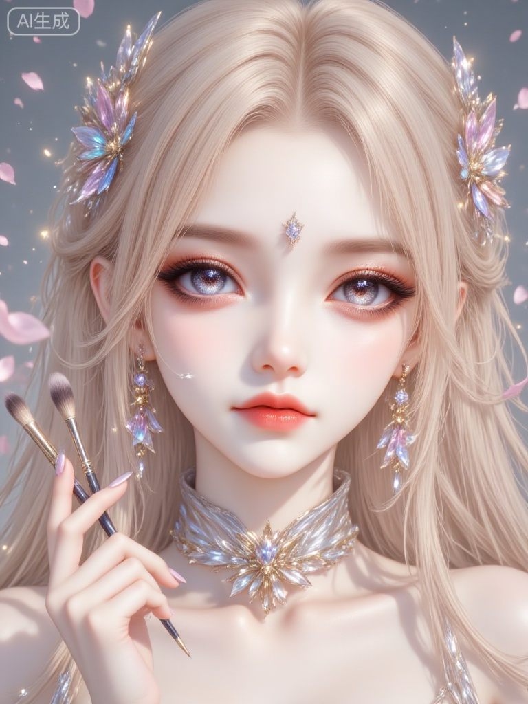 WJ_yanjing, 1girl, solo, jewelry, portrait, long hair, holding, earrings, blonde hair, looking at viewer, gem, closed mouth, hair ornament, makeup, necklace, blue eyes, paintbrush, close-up, collarbone, fingernails, choker, nail polish