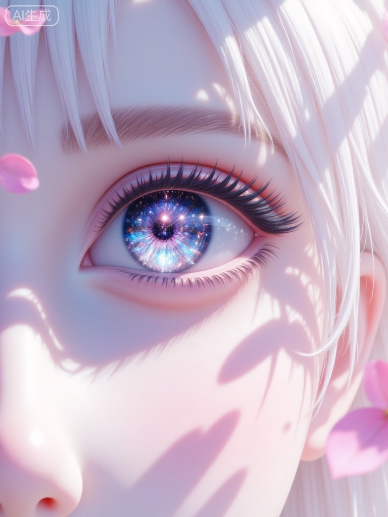 WJ_yanjing, eye focus, close-up, solo, 1girl, petals, eyelashes, looking at viewer, white hair, reflection, bangs, cherry blossoms, blue eyes, flower, blurry, star, (sky)