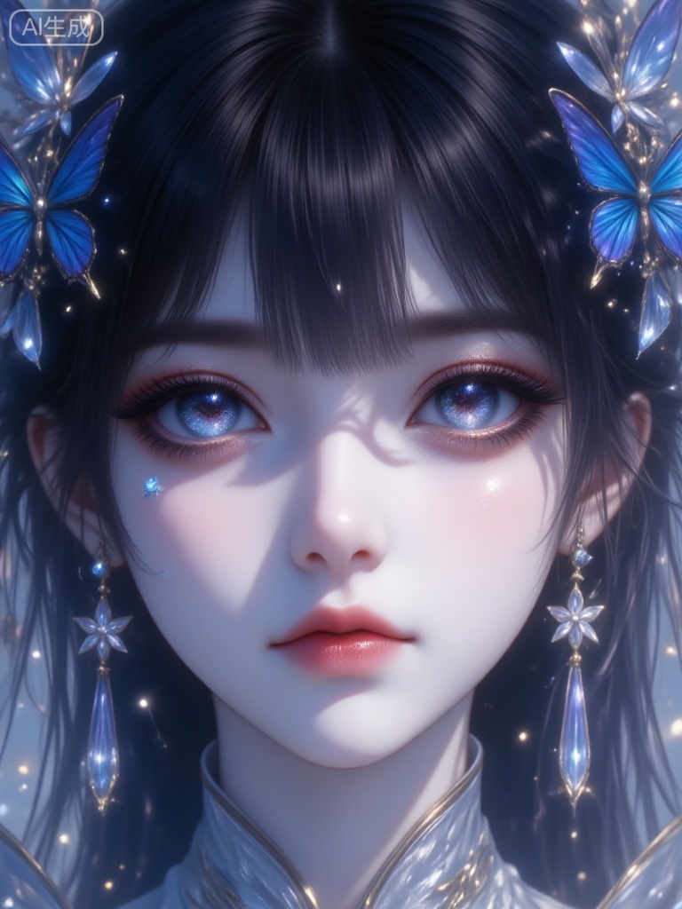 WJ_yanjing, 1girl, solo, portrait, butterfly, jewelry, looking at viewer, earrings, bug, blue eyes, closed mouth, eye focus, close-up, eyelashes, shiny, bangs, blue butterfly, black hair, light particles, shiny hair, lips, makeup, expressionless, sparkle, hair ornament