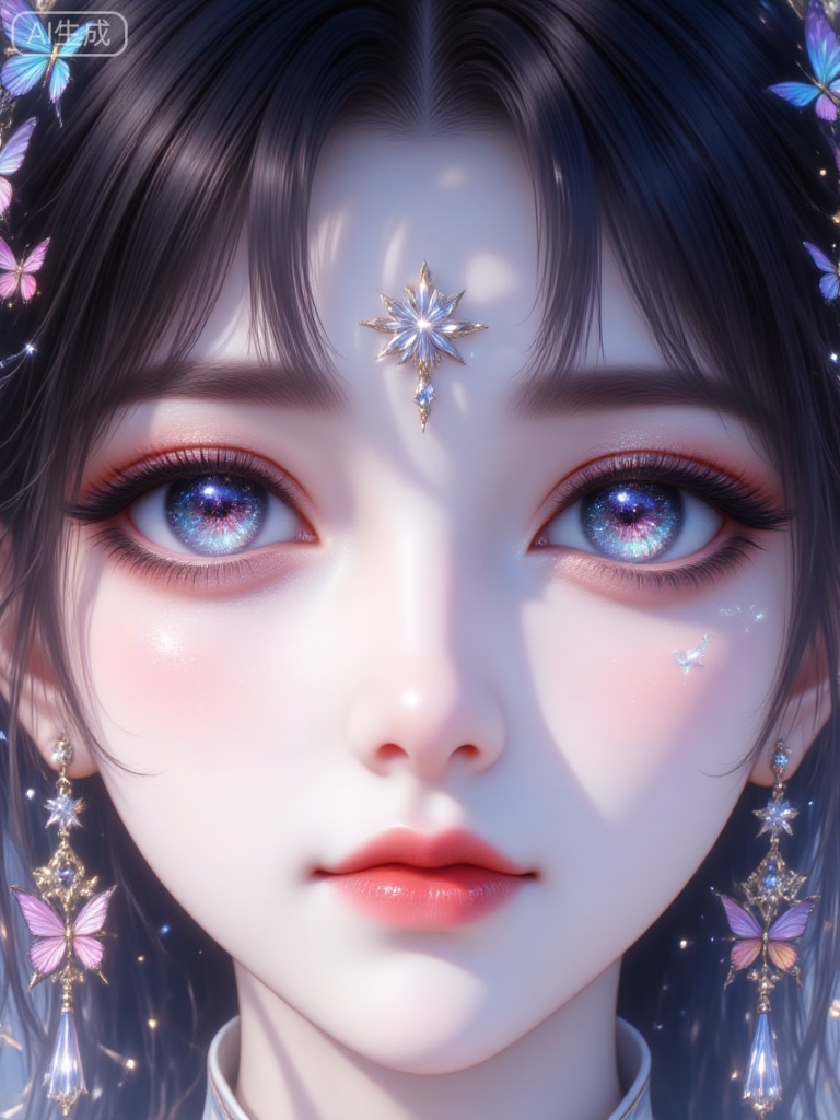 WJ_yanjing, 1girl, solo, blue eyes, portrait, earrings, jewelry, looking at viewer, closed mouth, butterfly, eyelashes, bug, facial mark, lips, close-up, black hair, forehead mark, bangs, brown hair, red lips, sparkle