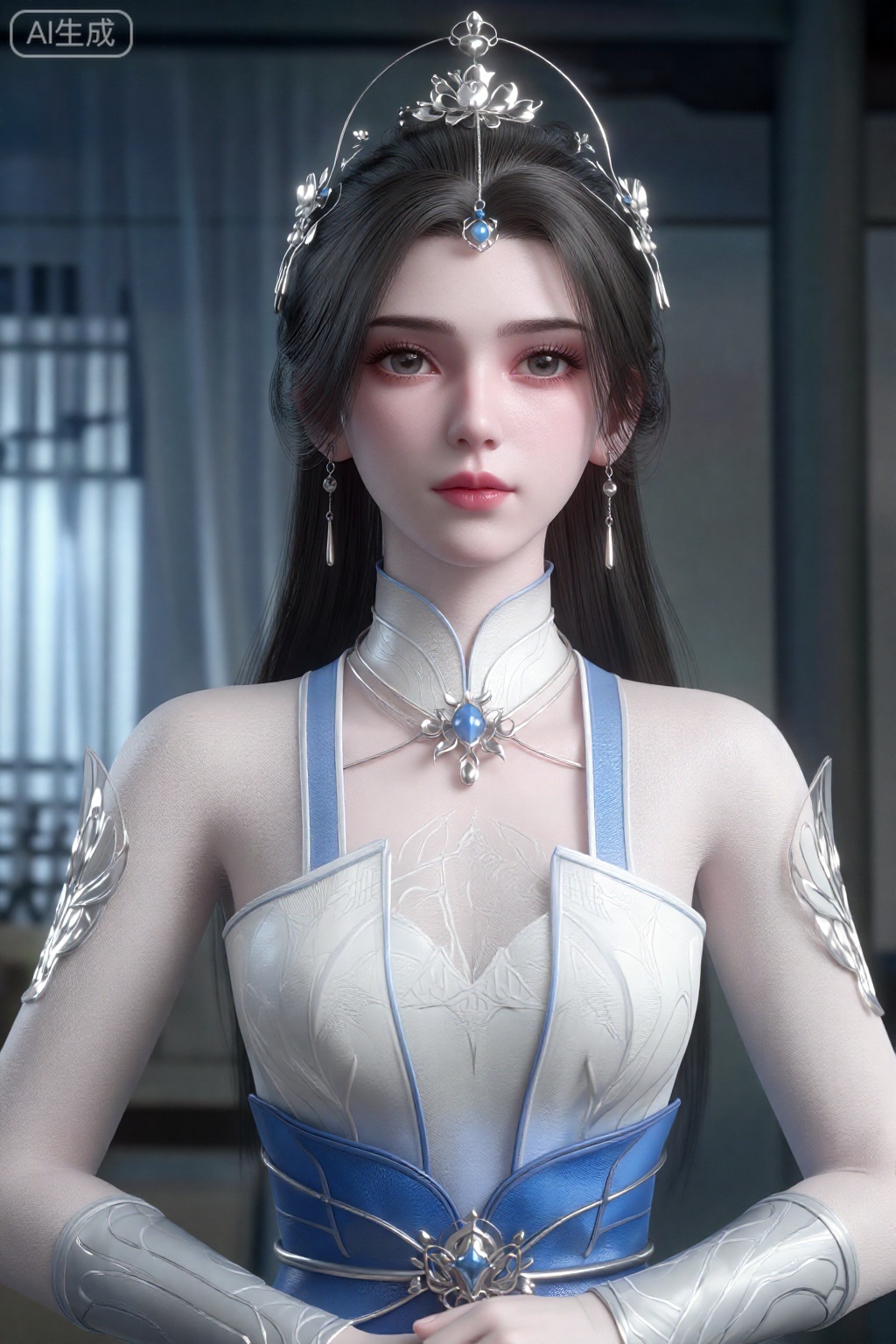 真人摄影。
年轻女子,长而直的深棕色头发,戴着精致的银色和蓝色花冠。她有一双粉蓝色的大眼睛,一张细长的脸,丰满的嘴唇略带粉红色。她穿着一件精致的白色和蓝色装甲连衣裙,上面有复杂的花卉图案和高领,中间有一条蓝色腰带,上面有一颗大宝石。她的手臂上覆盖着透明的白色袖子,戴着华丽的银色手套。背景是柔和、优雅的室内环境,有大窗户和垂帘。整体色调凉爽而宁静,以蓝色、白色和银色为主色调。。。。,李慕婉