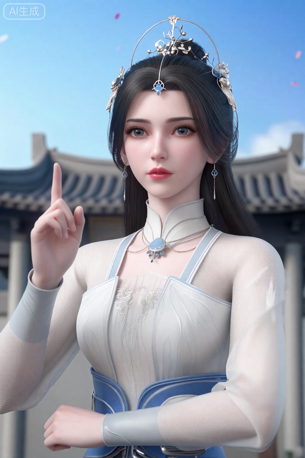 真人摄影。
一位年轻、皮肤白皙的女性,她有一头深棕色的长发,戴着银色王冠和精致的花卉配饰。她有一双蓝色的大眼睛,穿着一件白色、半透明的长袖衬衫,上面有精致的银色刺绣和高领,搭配蓝色的紧身胸衣。她举起右手食指,表情平静地直视着观众。背景是一座传统的东亚风格建筑,拥有弧形屋顶和华丽的柱子,映衬着清澈的蓝天,柔软的粉红色花瓣漂浮在空中。整体风格非常细致、写实。。。。。,李慕婉