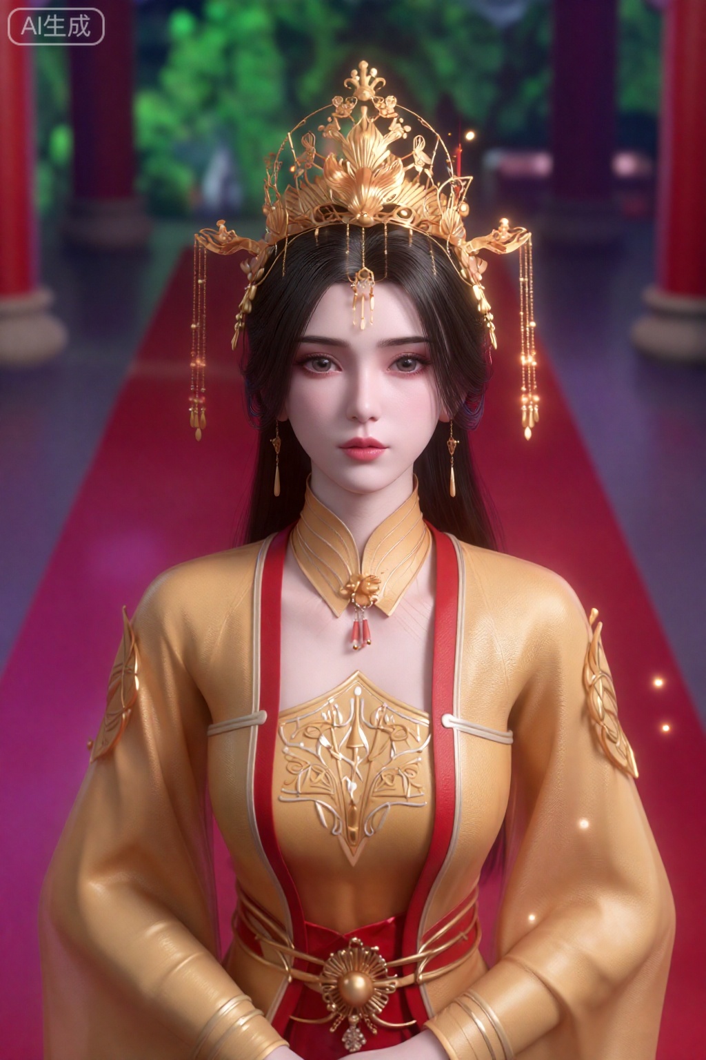 真人摄影。
一位年轻、皮肤白皙、留着深棕色长发的亚洲女性,站在宏伟华丽的大厅里。她穿着精致的金色和红色传统服装,上面装饰着复杂的刺绣,戴着华丽的大金冠,上面挂着珠子。她的衣服是长袖高领的,表情平静。背景是一条红地毯,通向一个失焦的、郁郁葱葱的、有柱子的绿色区域。灯光柔和,带有粉紫色的光芒,图像中散布着小火花。整体风格写实,略带奇幻、富丽堂皇的美感。。。。,李慕婉