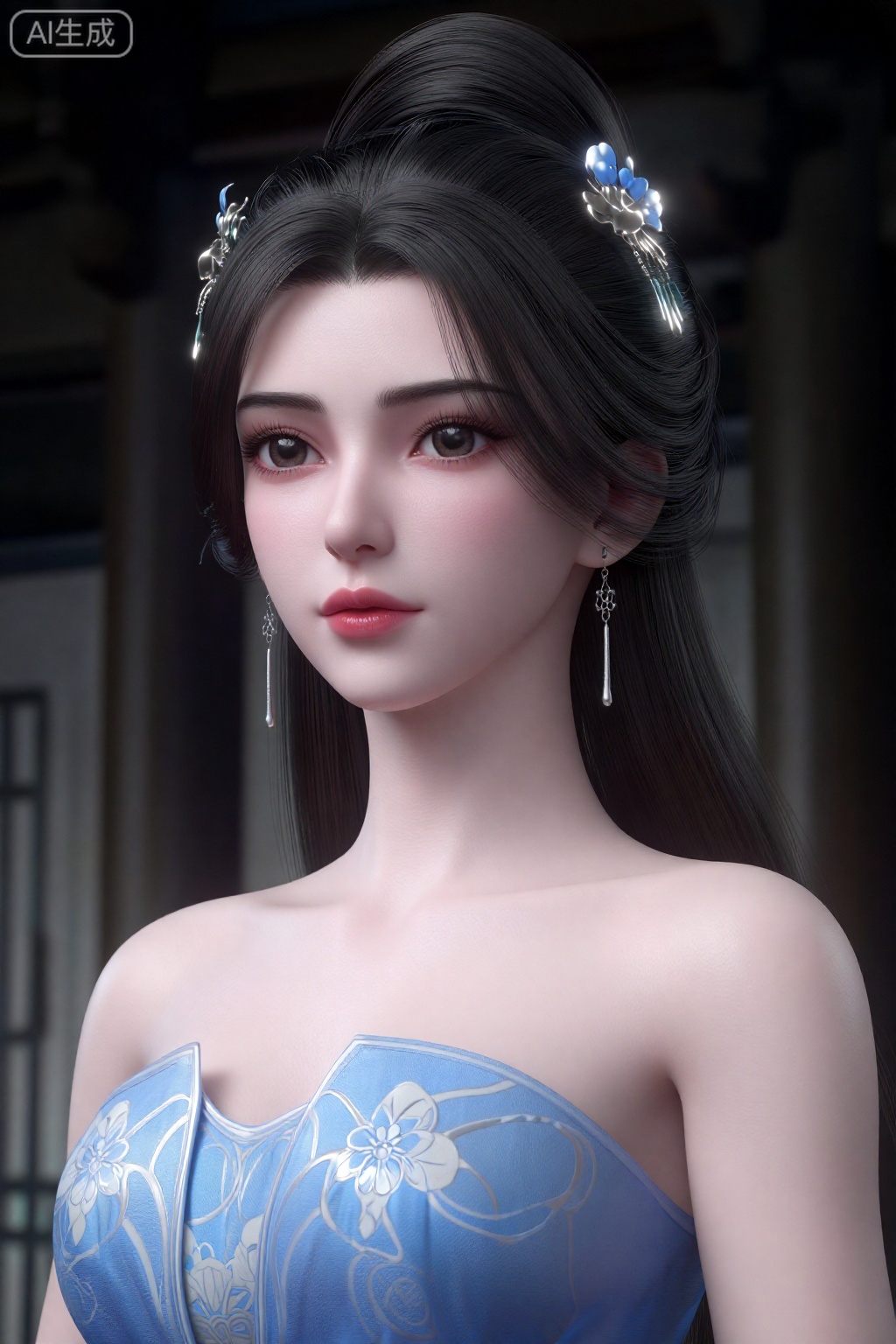 真人摄影。
一位皮肤白皙、五官精致的东亚女性。她有一头又长又直的黑发,盘成精致的发髻,戴着蓝色和银色的花朵发夹。她的眼睛很大,呈棕色,涂着淡粉色眼影和红色唇膏。她穿着一件蓝色露肩连衣裙,上面有复杂的白色花卉图案,银色耳环优雅地垂下来。背景是室内环境,有木梁和黑暗、模糊的氛围,暗示着传统的亚洲室内装饰。图像具有柔和的、近乎绘画般的品质,强调了女人的宁静和优雅的外表。。。,李慕婉