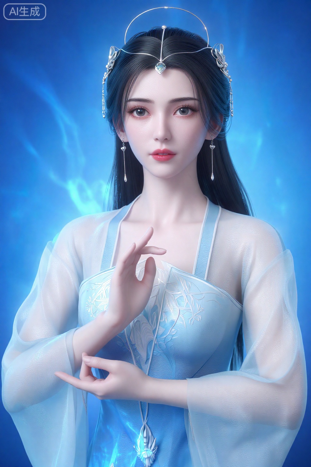 真人摄影。
一位令人惊叹、空灵的女性,她皮肤苍白,五官精致,站在充满活力的蓝色发光背景下。她有一头又长又直的黑发,戴着银色头饰和水晶耳环。她的裙子是一件半透明、飘逸的蓝白相间的衣服,上面有复杂的花卉图案和宽大的、飘逸的袖子。她双手优雅地握在身前,散发出柔和、蓝色、神奇的气息。她的眼睛很大,表情丰富,眼神专注而平静。整体风格以奇幻为主题,采用半写实、绘画的手法,强调她神秘而迷人的存在。。。,李慕婉