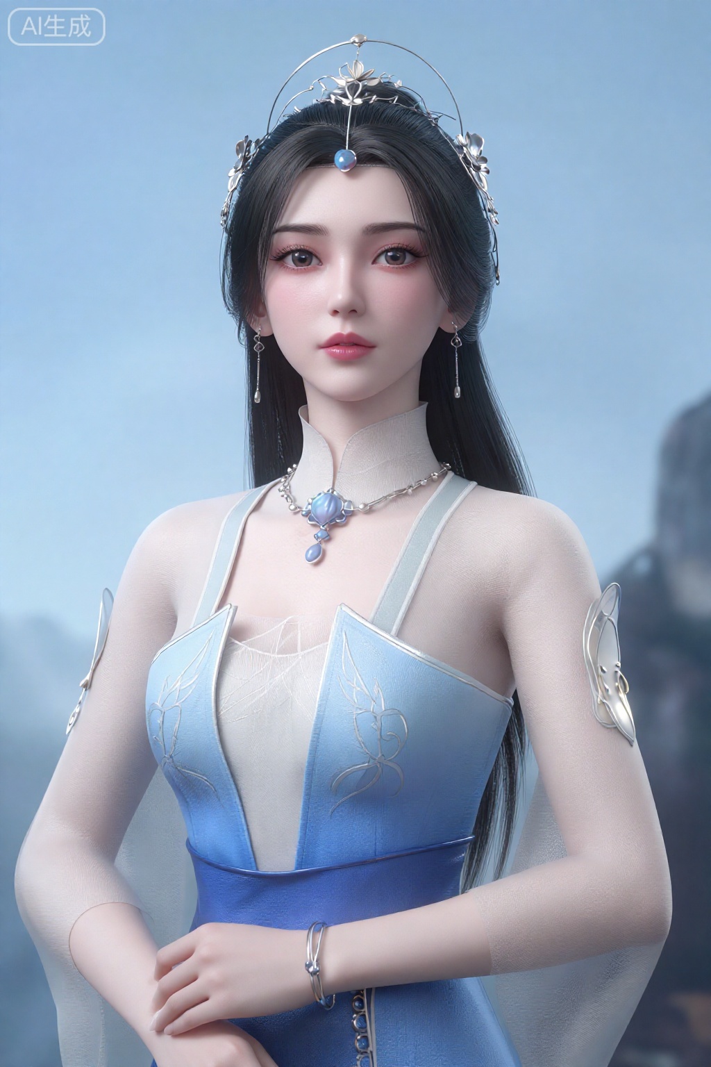 真人摄影。
一位美丽的年轻亚洲女性,皮肤白皙,长长的黑发戴着精致的银色头饰。她有粉红色的眼睛和浅粉色的口红。她穿着一件蓝白相间、细节精致的连衣裙,带有透明袖子和花卉刺绣。她的裙子饰有蓝色宝石和高高的荷叶边白领。她身材苗条,胸部小到中等大小。背景是一片薄雾笼罩的蓝色风景,还有模糊的岩石结构。她的表情平静而从容,她扶着裙子的一侧,手腕上戴着一个银色的手镯。图像具有柔和、空灵的品质。。,李慕婉