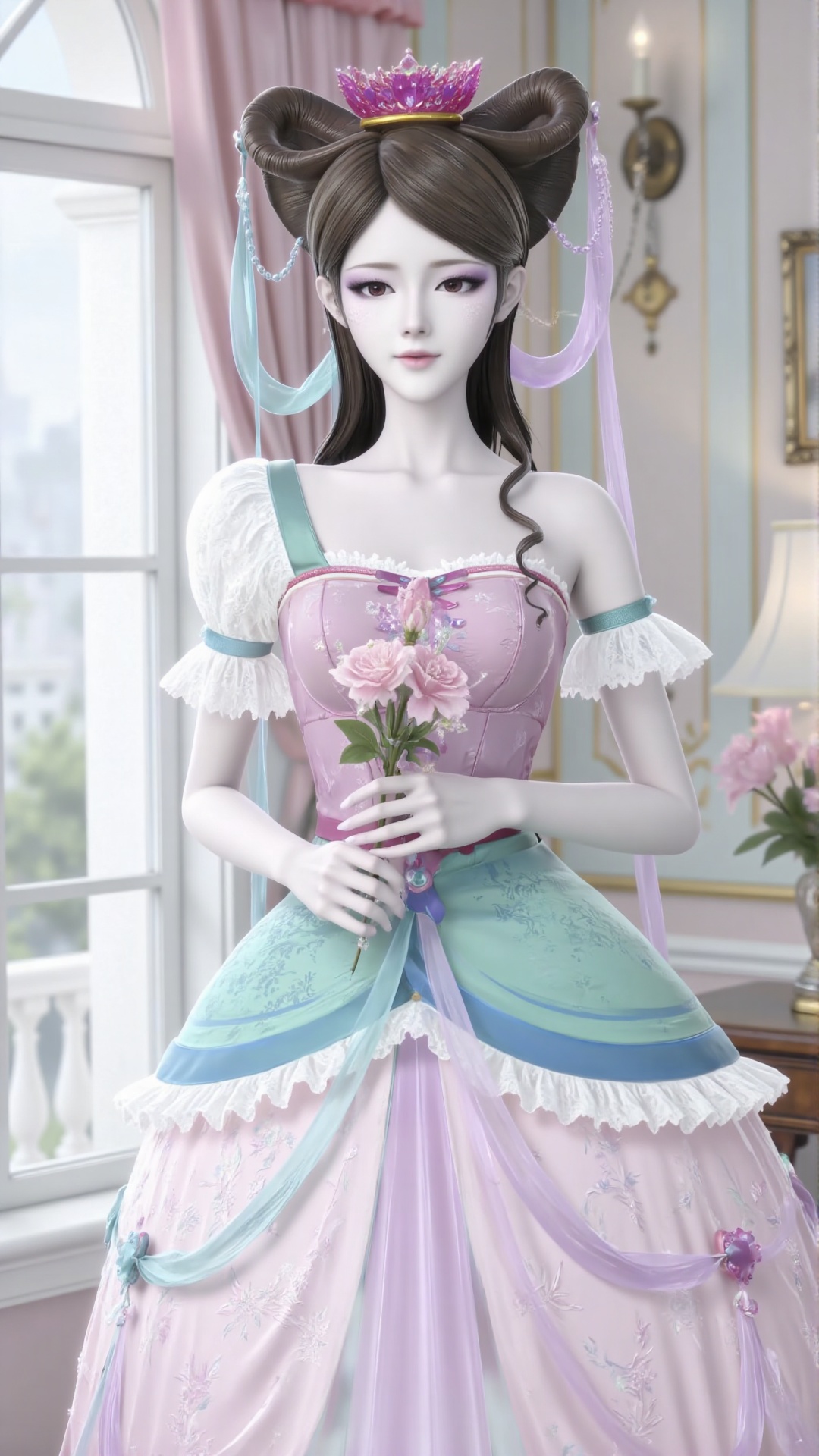 The image shows a young woman with long, wavy black hair, wearing a strapless pink dress adorned with floral embellishments. She is standing indoors, near a window with a white frame, and is holding a bouquet of pink and white flowers. The background includes a wall with a light-colored panel and a small shelf with a decorative item. The overall setting appears to be a well-lit, elegant room, possibly a living space or a studio.