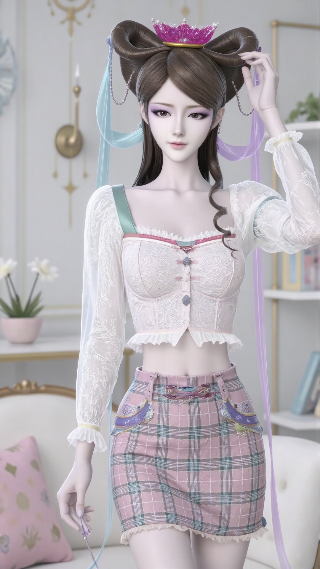 The image shows a person standing in a well-lit room. They are wearing a white, long-sleeved, button-up cardigan with a textured pattern and a pair of high-waisted, checkered skirt. The person has long, dark hair and is holding a small object in their right hand, which appears to be a hair tie or similar accessory. In the background, there is a white couch with a cushion, a small shelf with a bowl and a book, and a wall with a subtle shadow pattern. The overall setting is modern and minimalistic.,pencil_skirt