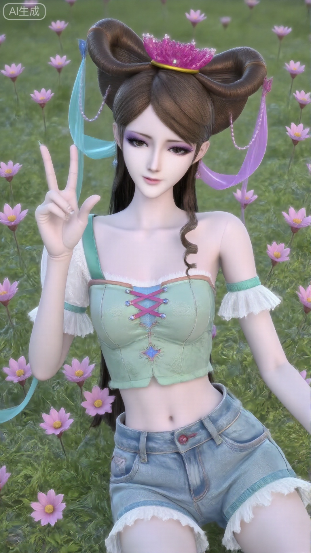 The image shows a person sitting on a grassy area, surrounded by scattered pink flowers. The person is wearing a light green sleeveless top with a small heart design on the chest and denim shorts. They are making a peace sign with their right hand and have their legs stretched out in front of them. The background consists of a lush green lawn with scattered flowers, and the lighting suggests it is a sunny day. The person is positioned centrally in the frame, and the image has a soft focus effect, giving it a dreamy appearance.