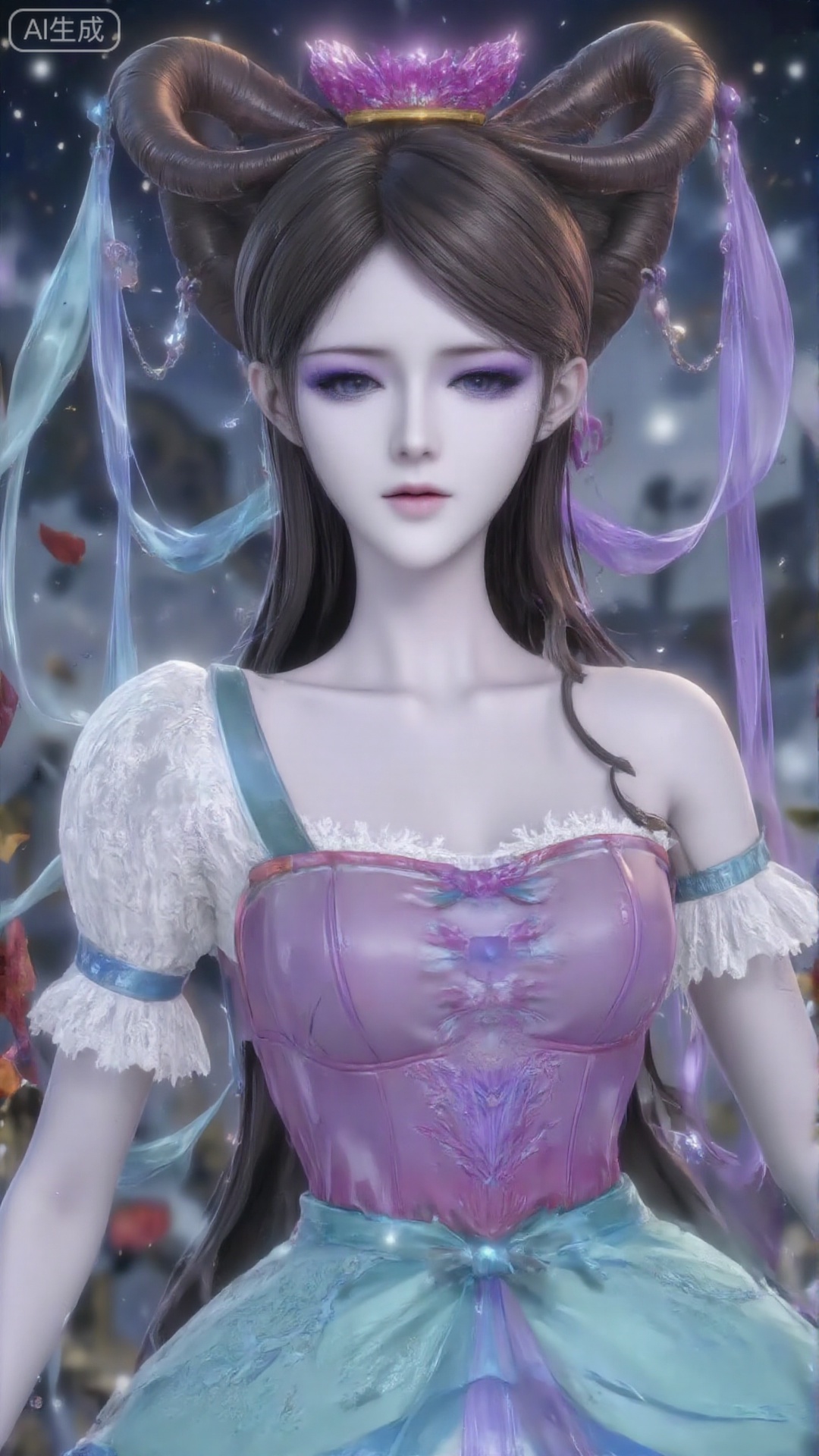 The image depicts a stylized, anime-inspired character with long brown hair adorned with a pink and blue headpiece featuring large, curved horns. The character is wearing a pink dress with lace details and a large, decorative bow at the waist. There are also ribbons in purple and teal colors hanging from the character's head and shoulders. The background consists of a dark, starry sky with pink and red autumn leaves, creating a magical and ethereal atmosphere. 