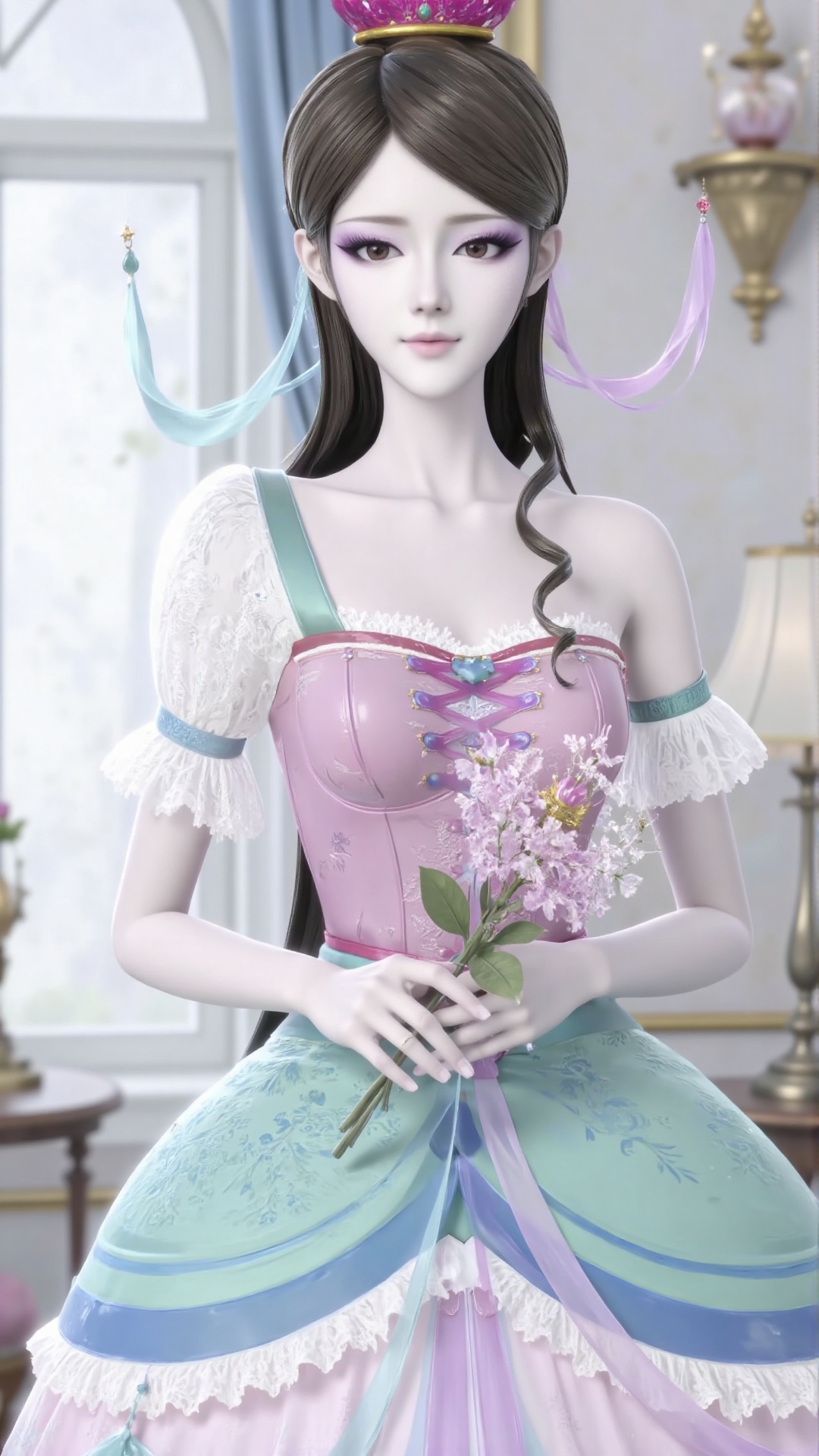 The image shows a young woman with long, wavy black hair, wearing a strapless pink dress adorned with floral embellishments. She is standing indoors, near a window with a white frame, and is holding a bouquet of pink and white flowers. The background includes a wall with a light-colored panel and a small shelf with a decorative item. The overall setting appears to be a well-lit, elegant room, possibly a living space or a studio.