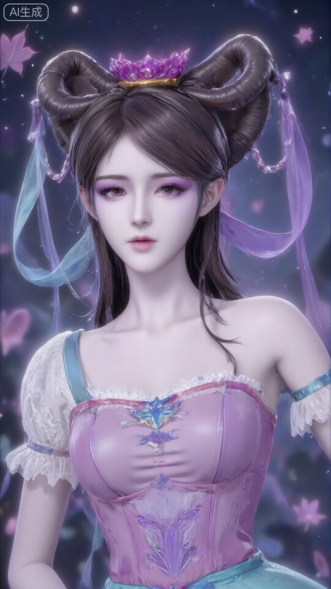 The image depicts a stylized, anime-inspired character with long brown hair adorned with a pink and blue headpiece featuring large, curved horns. The character is wearing a pink dress with lace details and a large, decorative bow at the waist. There are also ribbons in purple and teal colors hanging from the character's head and shoulders. The background consists of a dark, starry sky with pink and red autumn leaves, creating a magical and ethereal atmosphere. 