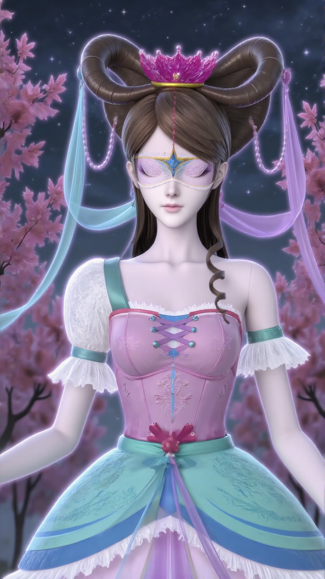 The image depicts a stylized, anime-inspired character with long brown hair adorned with a pink and blue headpiece featuring large, curved horns. The character is wearing a pink dress with lace details and a large, decorative bow at the waist. There are also ribbons in purple and teal colors hanging from the character's head and shoulders. The background consists of a dark, starry sky with pink and red autumn leaves, creating a magical and ethereal atmosphere. 