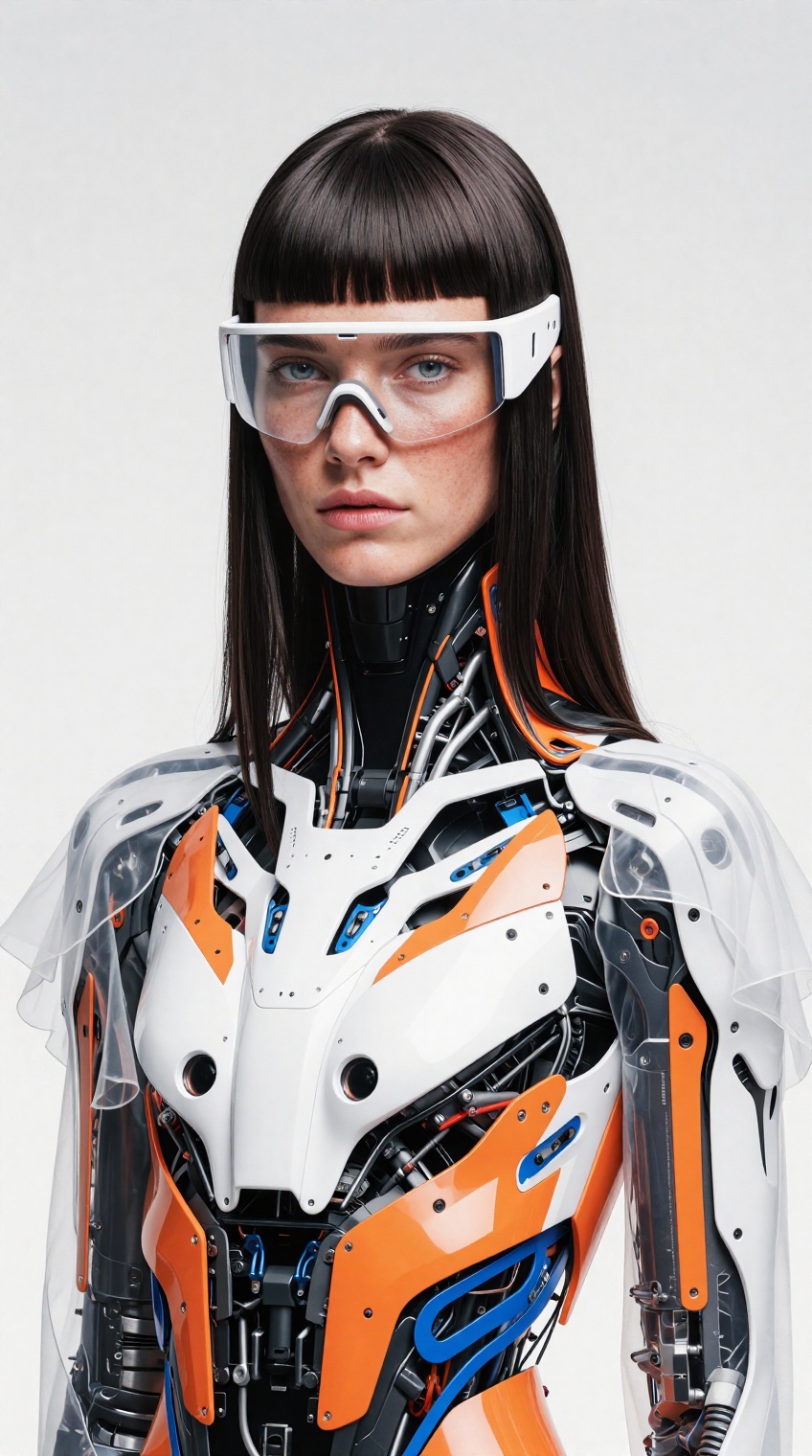 Hyper-realistic cinematic front view fashion medium shot of a female cyborg hybrid. Her face features realistic skin,  fre...