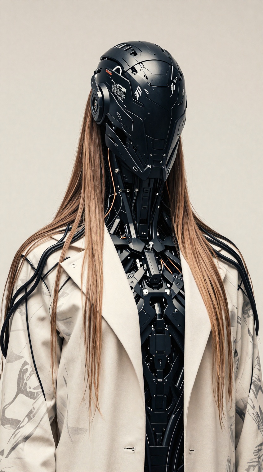 Hyper-realistic cinematic medium shot of a futuristic cyborg. The entire face is obscured by a complex,  fragmented matte...
