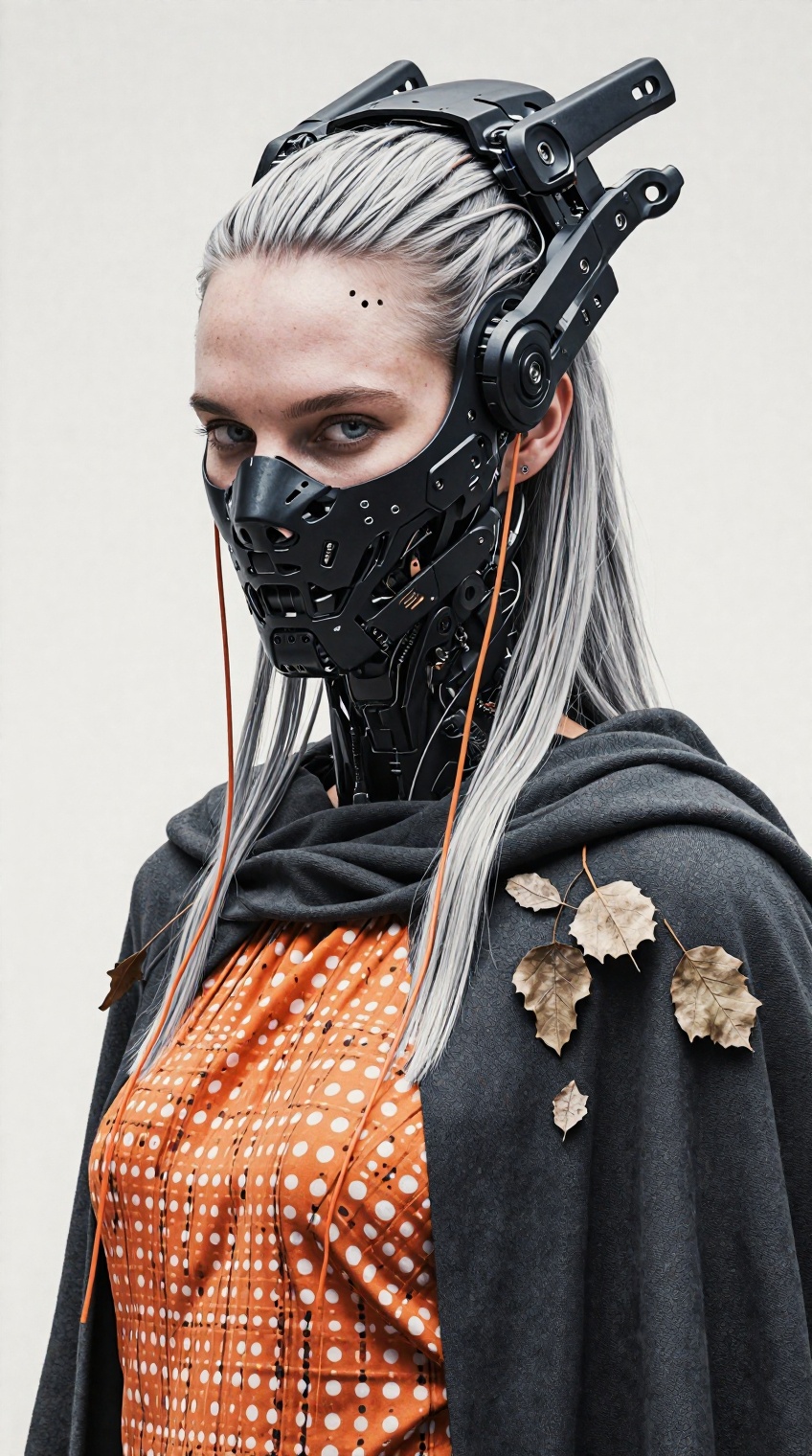 Hyper-realistic cinematic medium shot of a female cyborg. Her pale face features subtle freckles and piercing light eyes,...