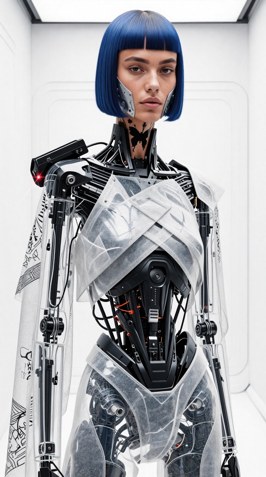 Ultra-realistic professional close-up studio sci-fi fashion photograph,  high-end editorial quality,  medium telephoto len...