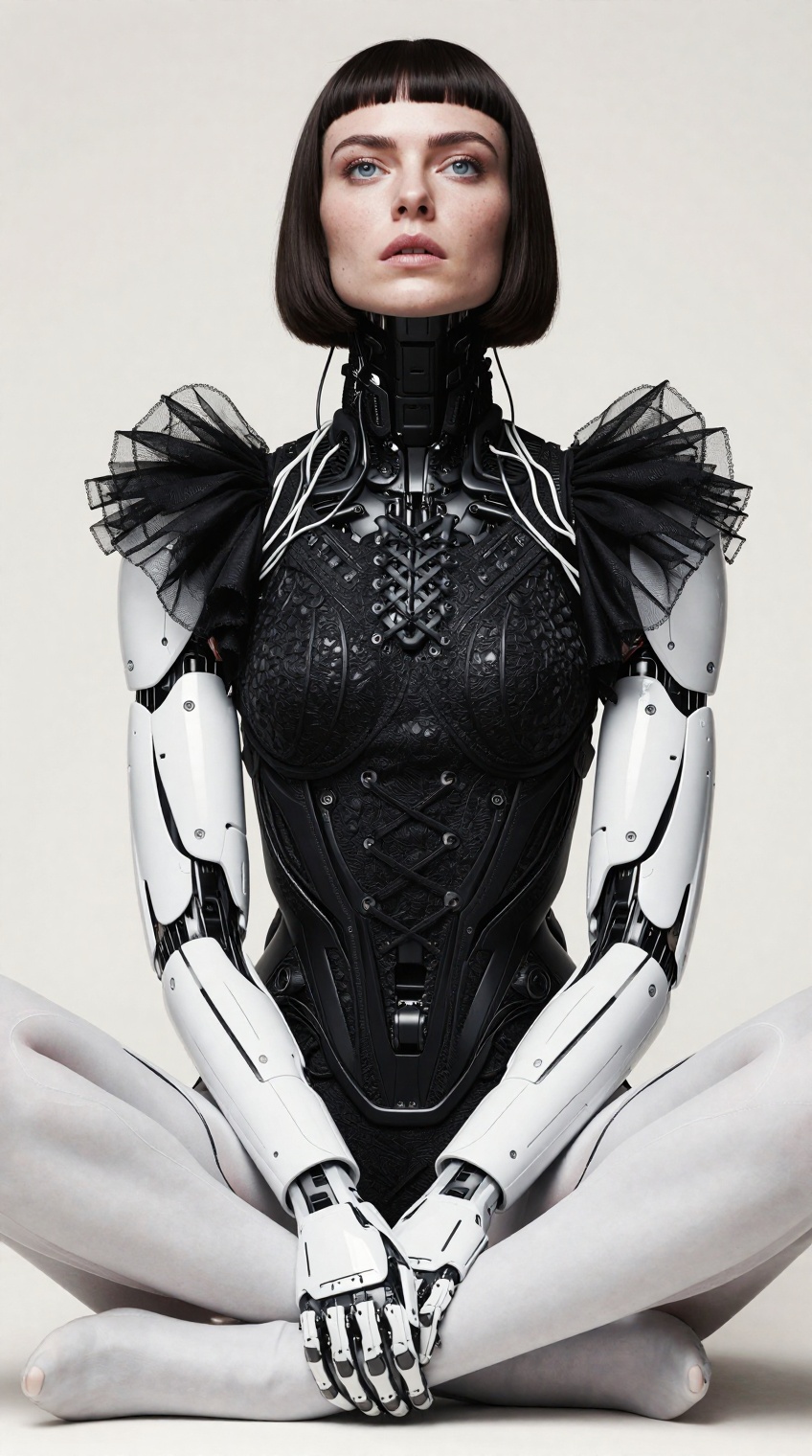Hyper-realistic cinematic medium shot of a female cyborg in a seated,  cross-legged pose. Her face features natural skin,...