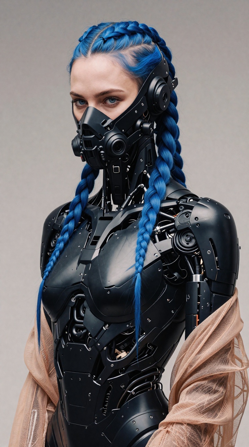 Hyper-realistic cinematic medium shot of a female cyborg hybrid with long,  braided vibrant blue hair. Her face features s...