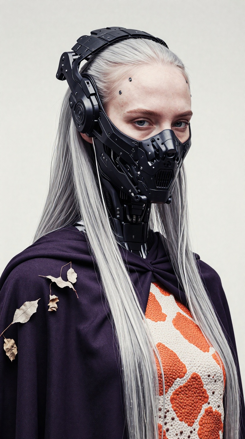 Hyper-realistic cinematic medium shot of a female cyborg. Her pale face features subtle freckles and piercing light eyes,...