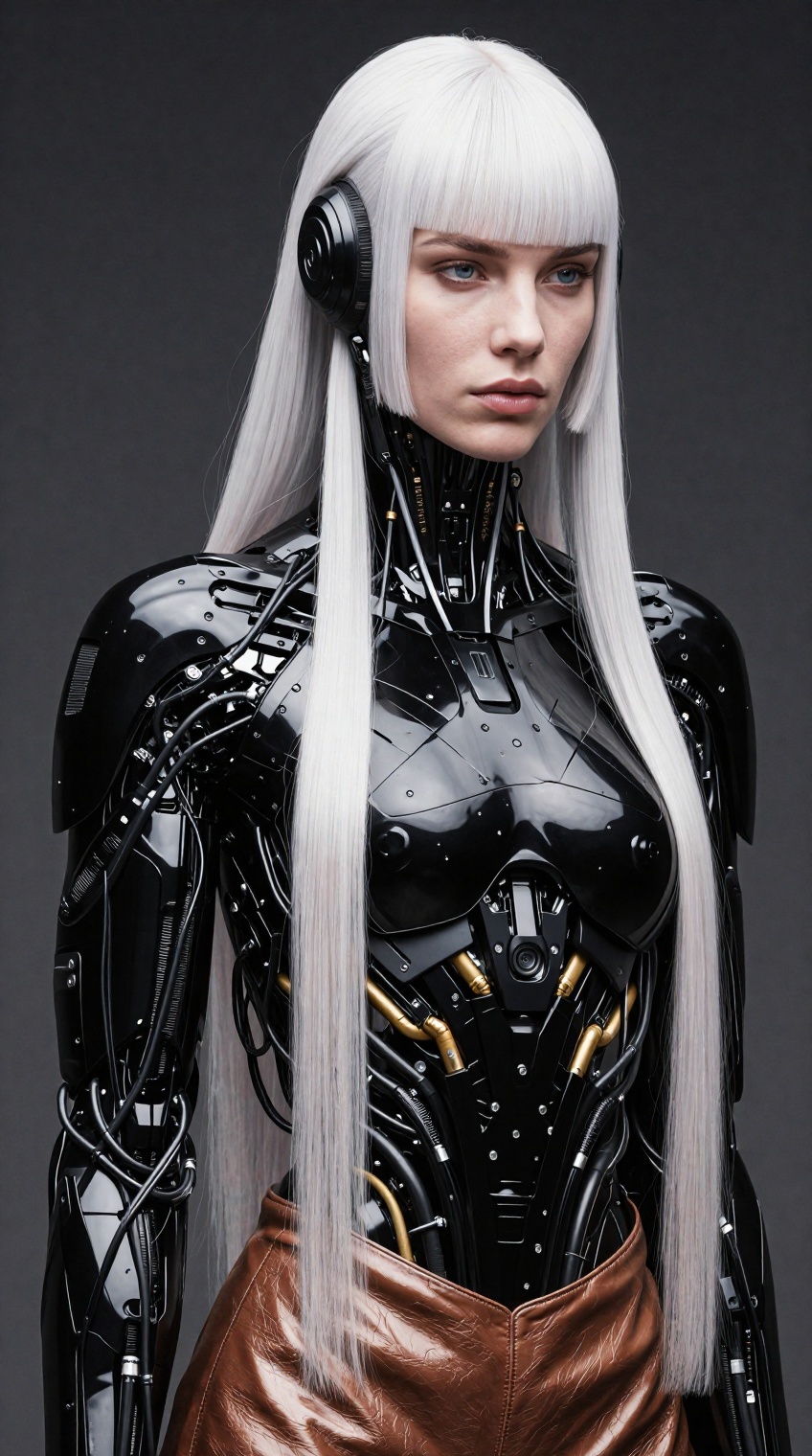 Hyper-realistic cinematic medium shot of a female cyborg with exceptionally long,  straight platinum-white hair and blunt...