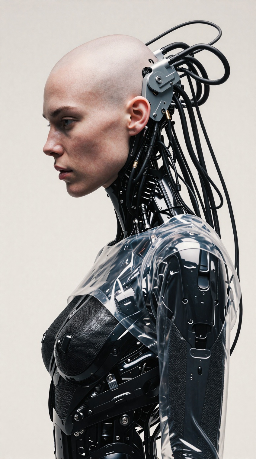 Hyper-realistic cinematic side-profile medium shot of a bald female cyborg. Her head features a matte silver cranial plate...