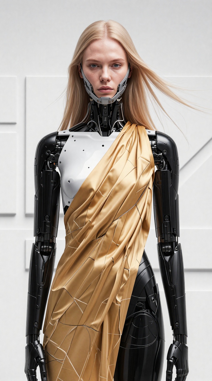 Ultra-realistic professional studio fashion photograph,  high-end sci-fi editorial quality,  medium telephoto lens (85mm)...