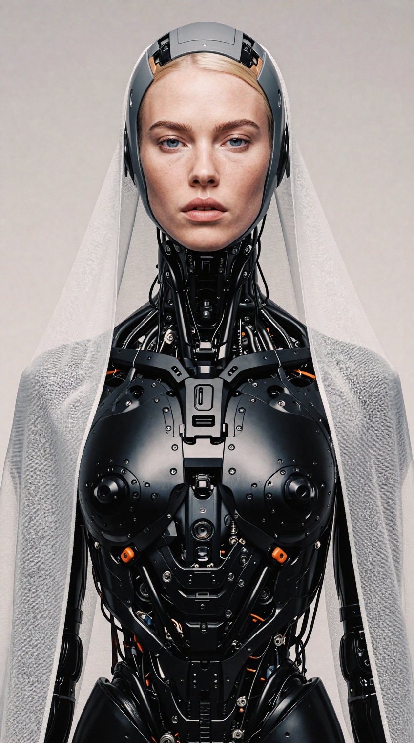 Hyper-realistic cinematic front view medium shot of a female blonde cyborg,  blending a highly detailed human face with so...