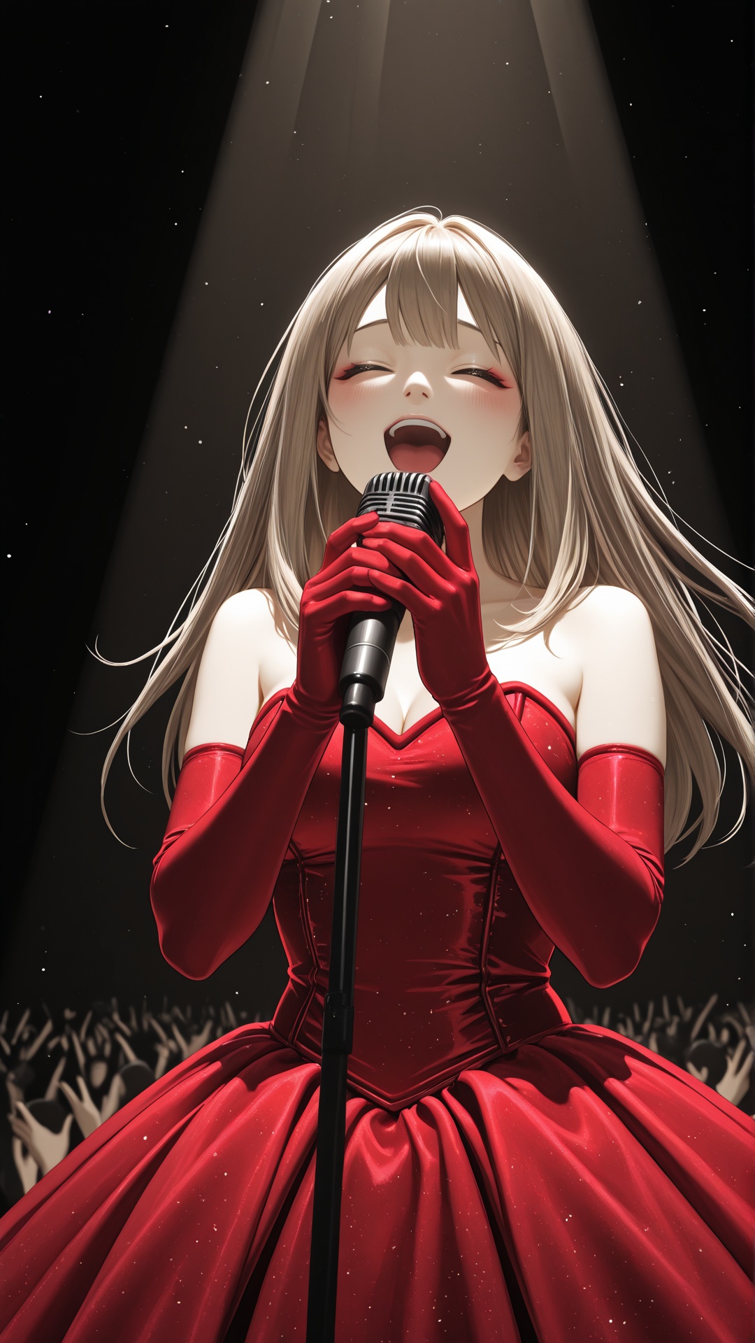 A high-quality concert photography shot of a beautiful young Asian female singer performing an emotional ballad on stage....