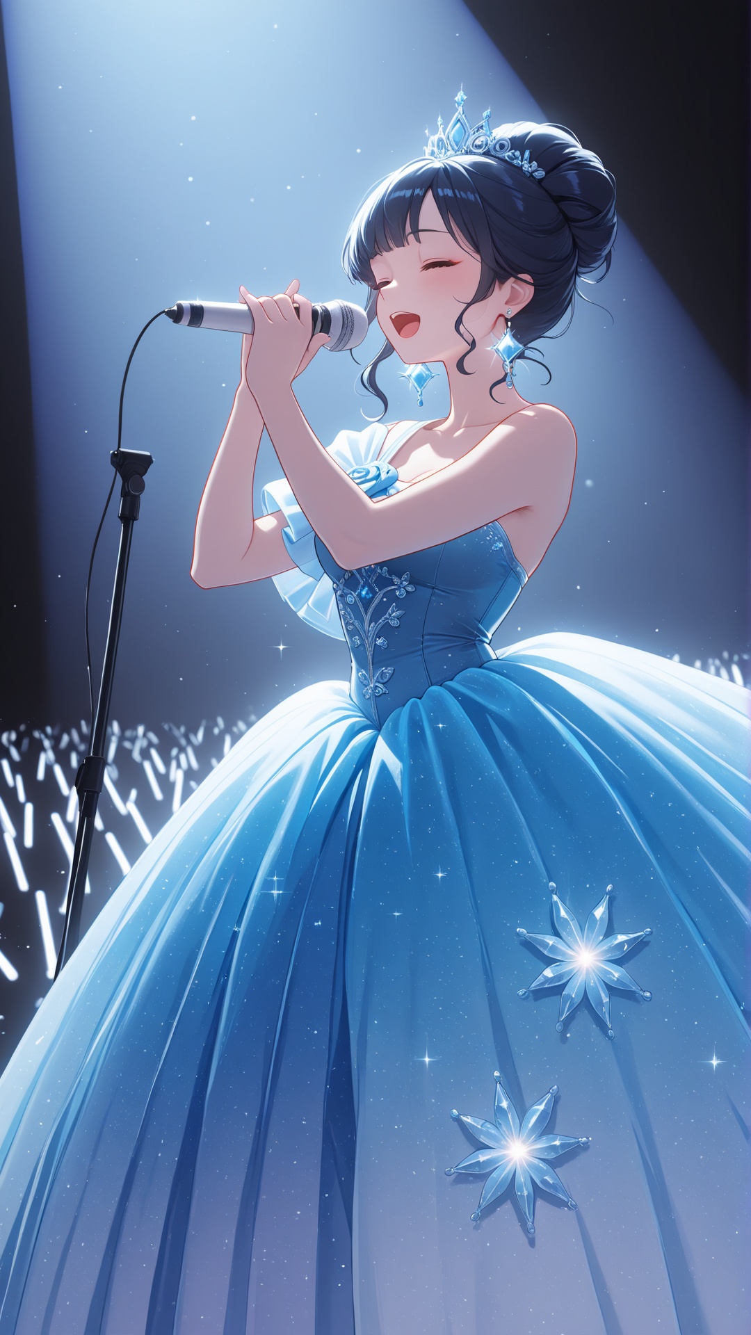 A dreamy,  high-quality concert photo of a beautiful Asian female singer performing on stage,  looking like a fairytale pr...