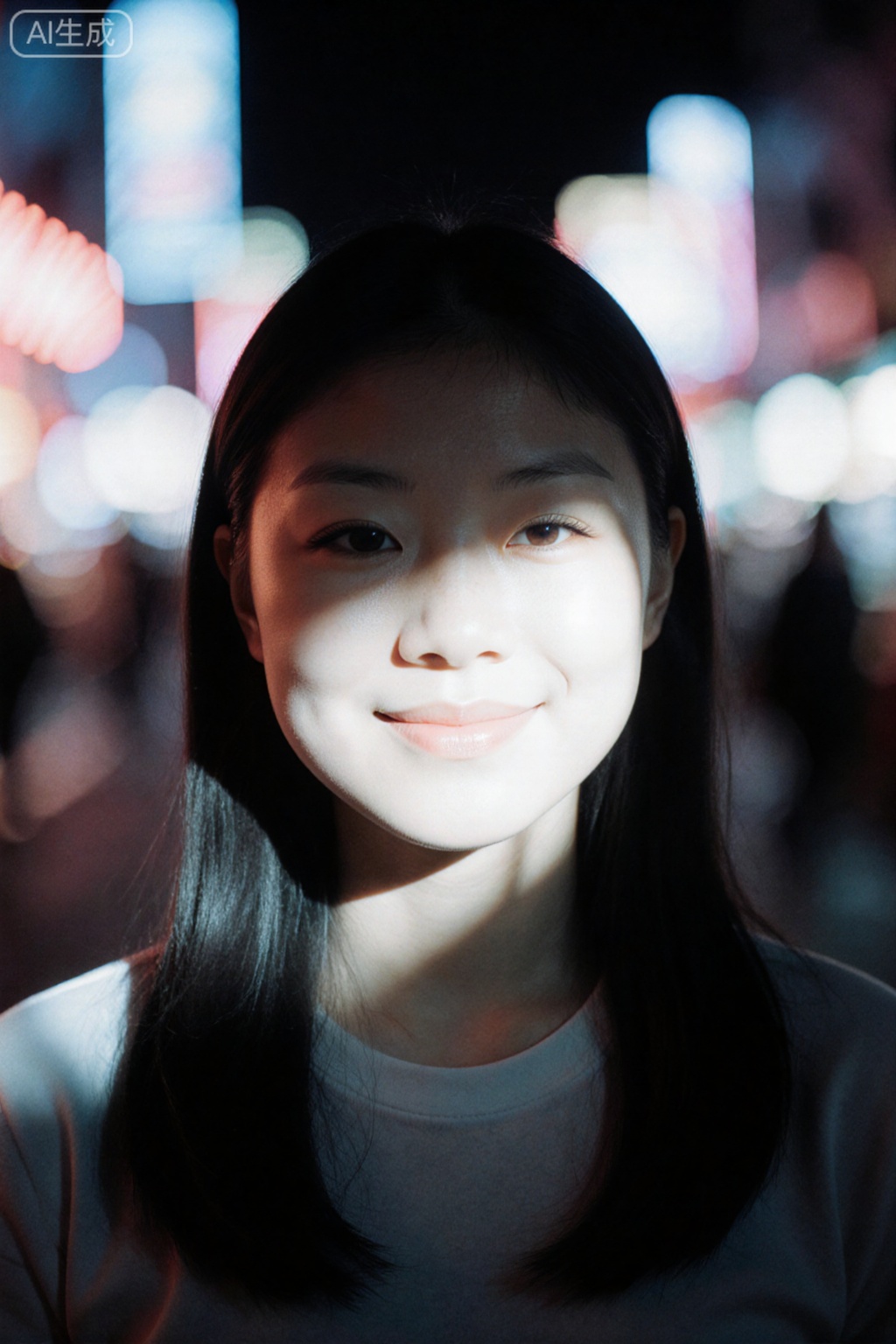 An atmospheric portrait of a modern night scene, a Chinese girl, the neon cold light of the city swipes across her face, partial light and shadow brighten her facial features, a close-up shot, slightly raised lips, eyes smiling, relaxed and happy state, the neon lights of the city night market in the background with blurred spots, soft transition of light and shadow colors, retaining the natural details of the skin, sense of atmosphere: neon atmosphere, lens 35mm fixed focus, aperture f/1.8, shutter 1/60s, ISO800, cool white balance, spot blur