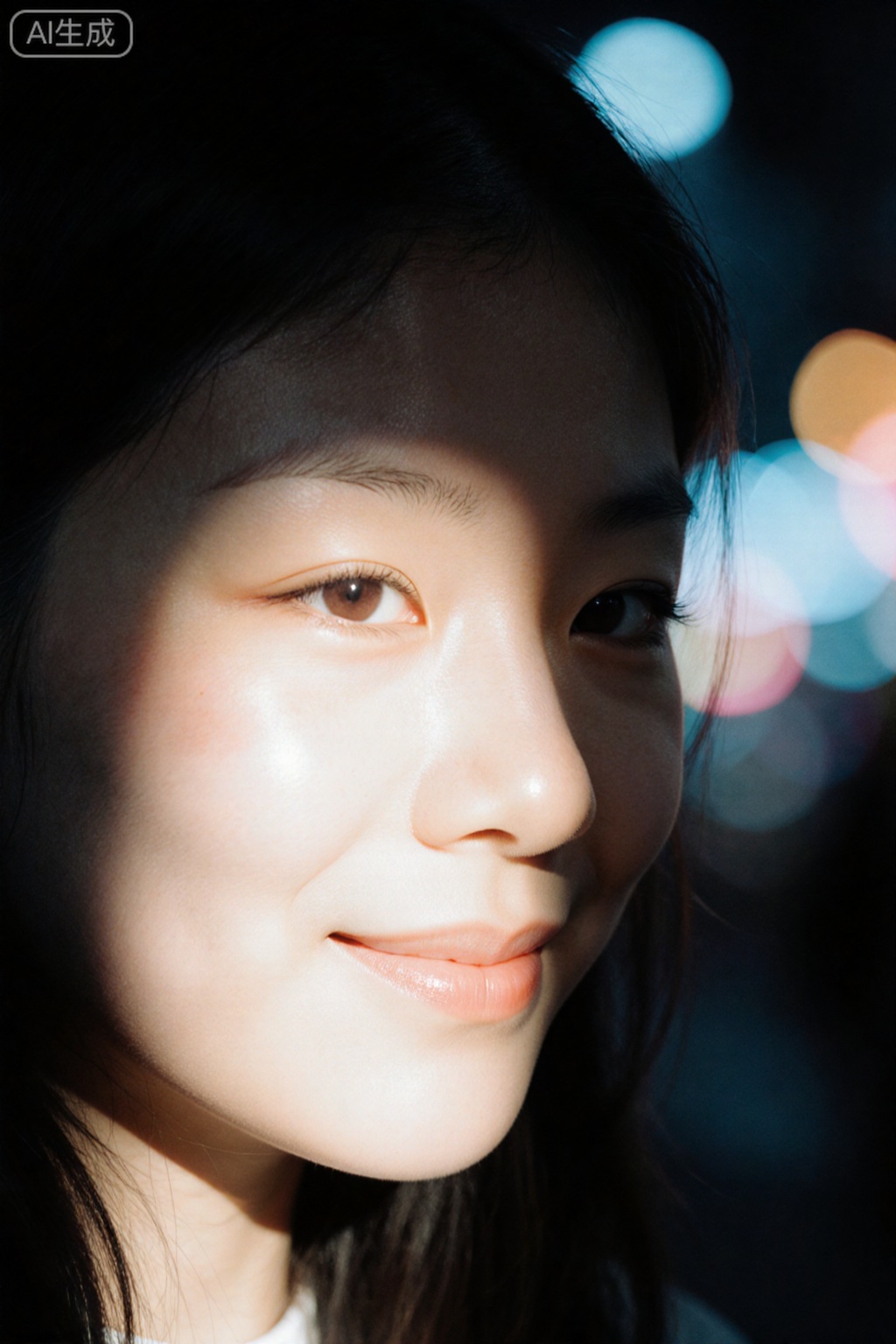 An atmospheric portrait of a modern night scene, a Chinese girl, the neon cold light of the city swipes across her face, partial light and shadow brighten her facial features, a close-up shot, slightly raised lips, eyes smiling, relaxed and happy state, the neon lights of the city night market in the background with blurred spots, soft transition of light and shadow colors, retaining the natural details of the skin, sense of atmosphere: neon atmosphere, lens 35mm fixed focus, aperture f/1.8, shutter 1/60s, ISO800, cool white balance, spot blur