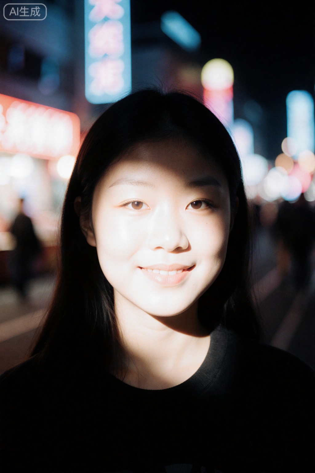 An atmospheric portrait of a modern night scene, a Chinese girl, the neon cold light of the city swipes across her face, partial light and shadow brighten her facial features, a close-up shot, slightly raised lips, eyes smiling, relaxed and happy state, the neon lights of the city night market in the background with blurred spots, soft transition of light and shadow colors, retaining the natural details of the skin, sense of atmosphere: neon atmosphere, lens 35mm fixed focus, aperture f/1.8, shutter 1/60s, ISO800, cool white balance, spot blur
